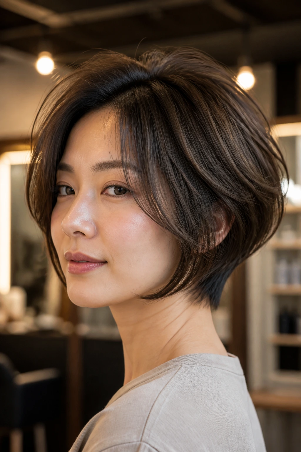 Close-up of a real woman with a soft stacked bob showing lifted crown