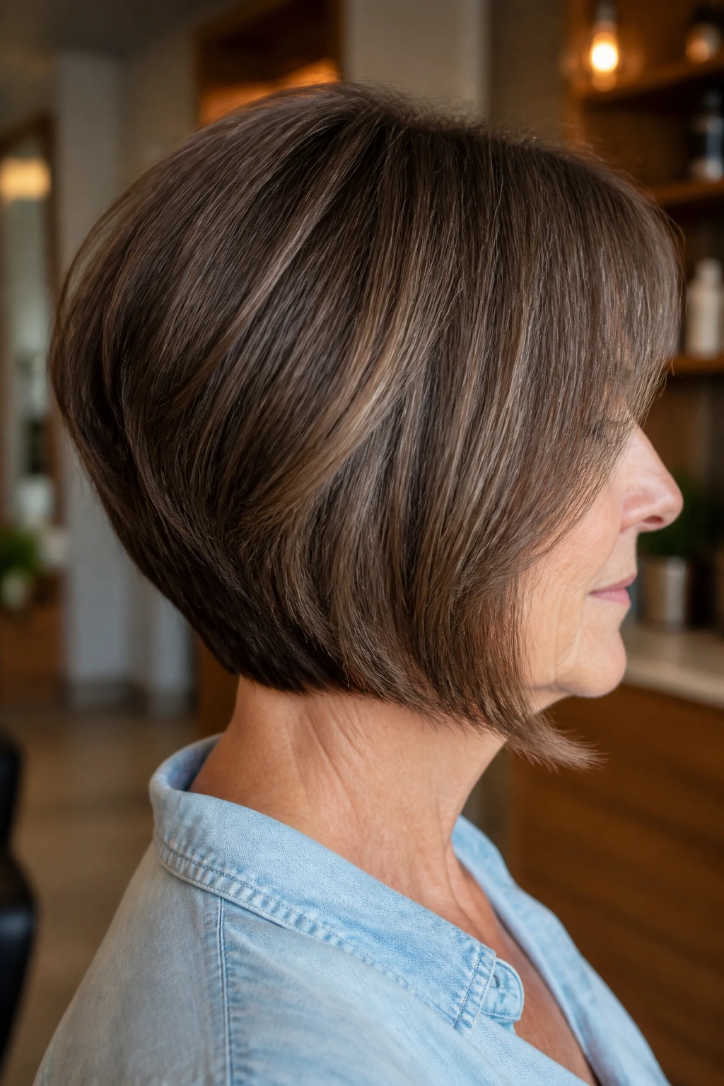 Close-up of a real woman with a soft stacked bob at the nape, gentle lift and long front