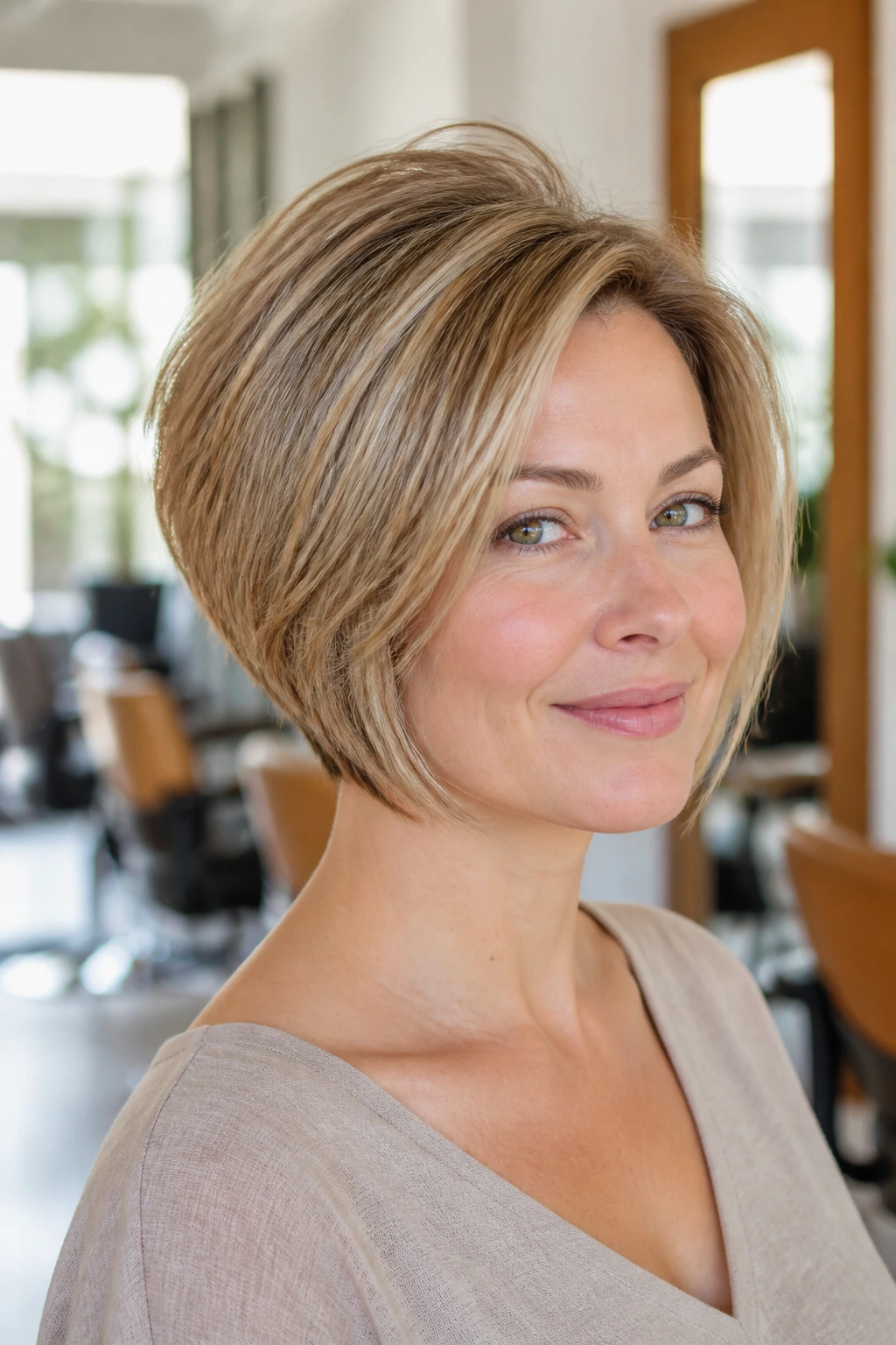 Close-up of a real woman with soft stacked bob and crown lift