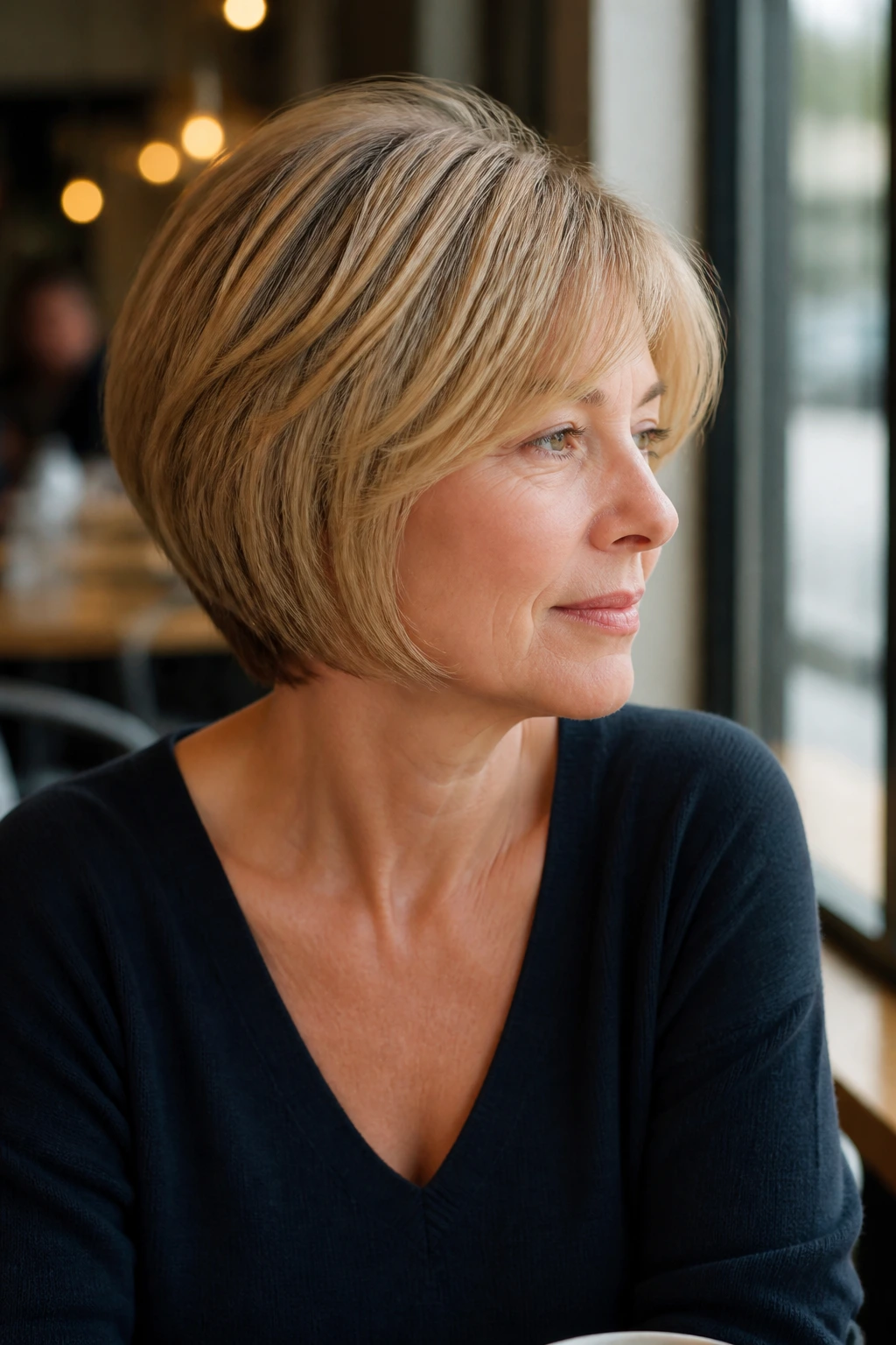 Portrait of a real woman with a soft stacked round bob and gentle crown lift.