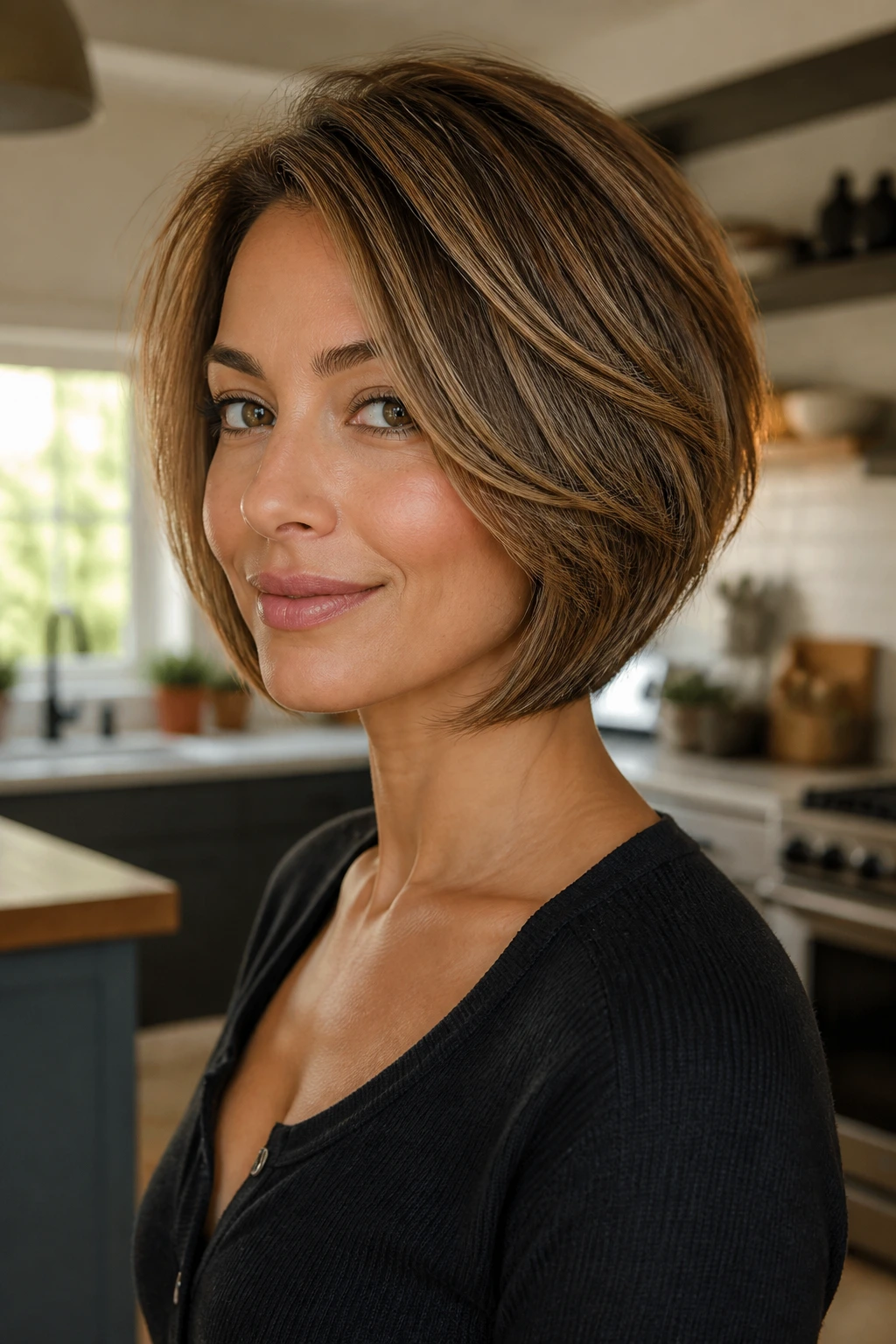 Close-up portrait of a real woman with a soft stacked bob showing lifted back and longer front.