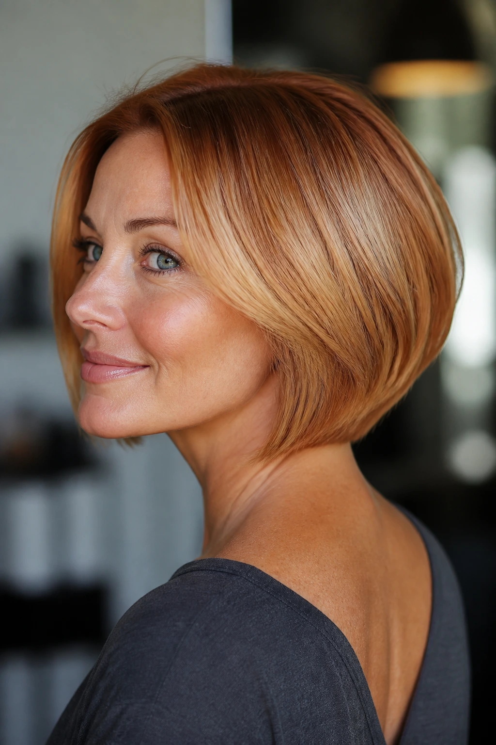 Three-quarter portrait of a real woman with soft stacked bob at the nape in strawberry blonde