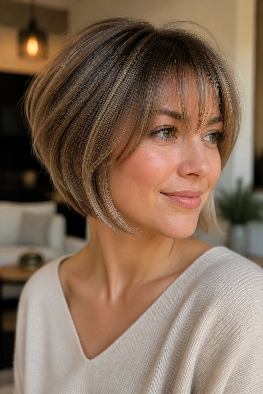 Real woman with soft stacked A-line bob and wispy bangs