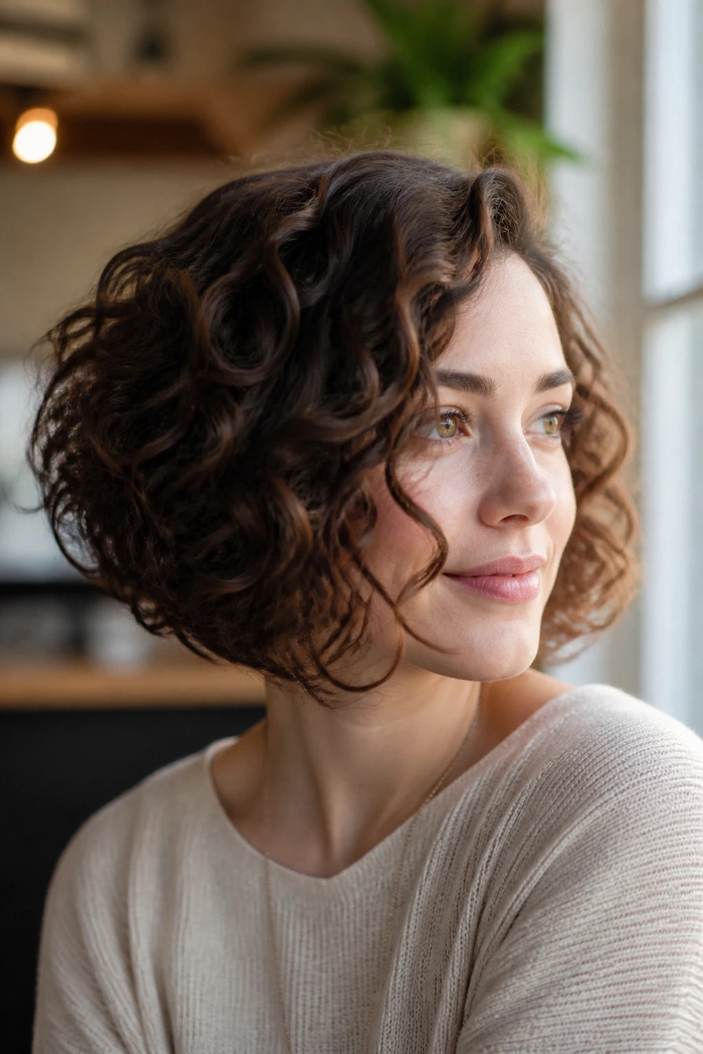 Portrait of a real person with a soft stacked inverted bob and loose ringlets