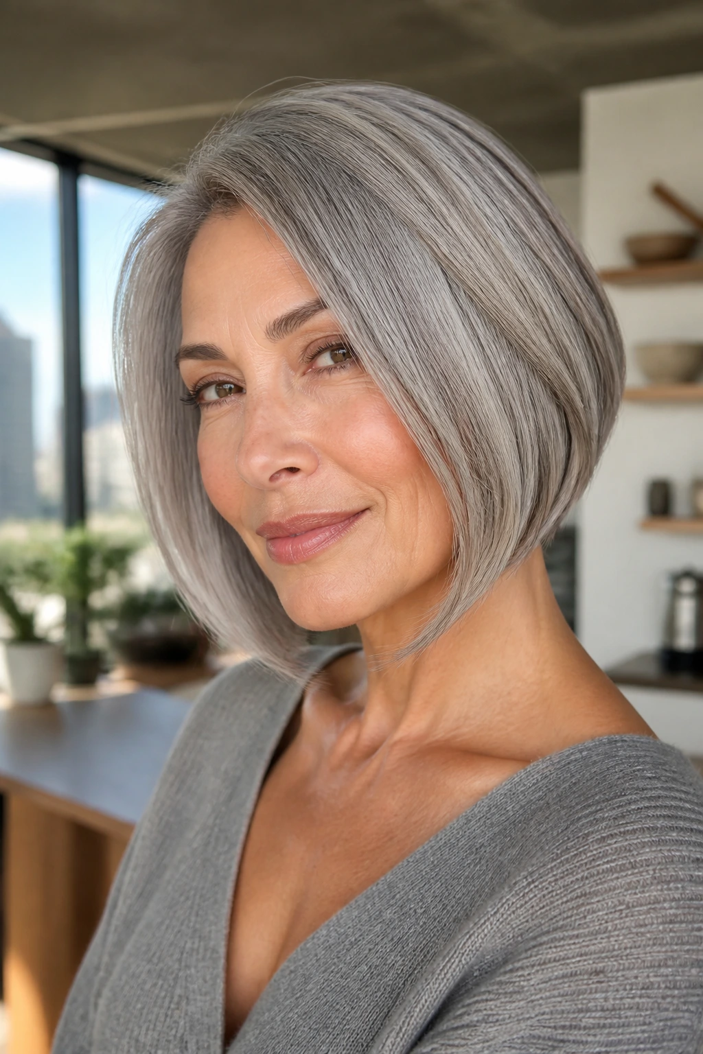 Portrait of a real woman with a soft steel graduated bob framing the jaw