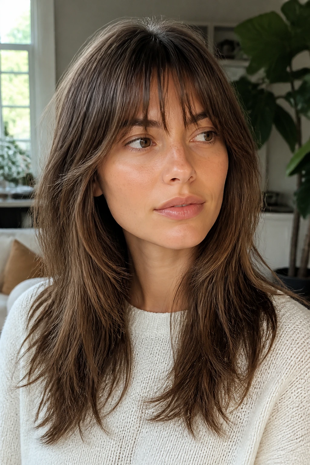Close-up of a real woman with a soft straight shag featuring long, subtle layers.