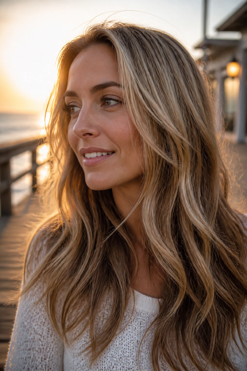 Portrait of a real woman with soft straw blonde and cocoa lowlights