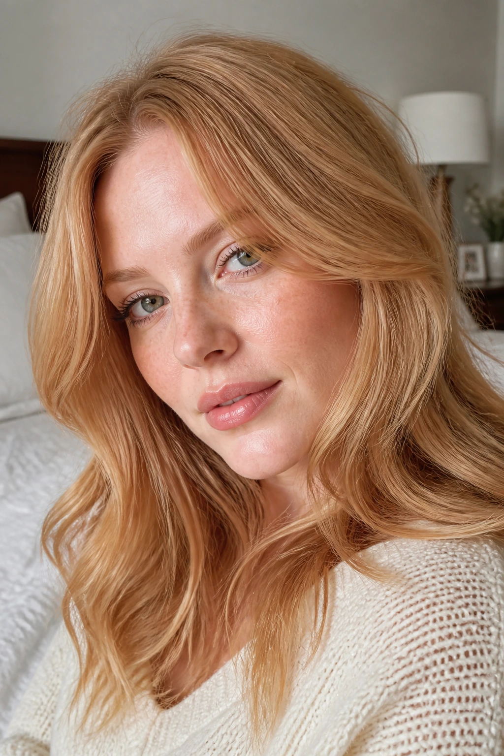Close-up portrait showing soft strawberry blonde tones around face.