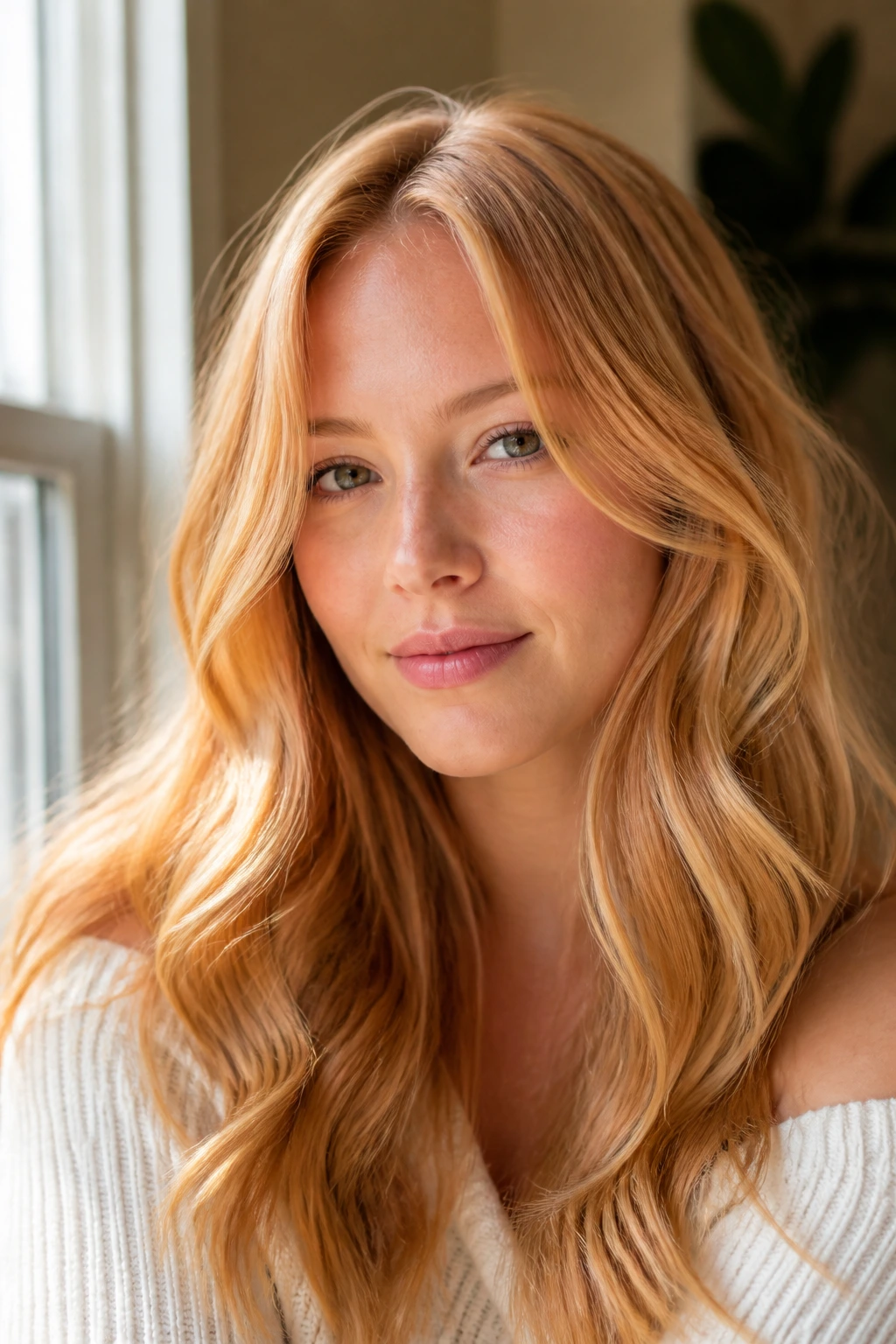 Close-up of soft light strawberry blonde hair on a person with a gentle glow.