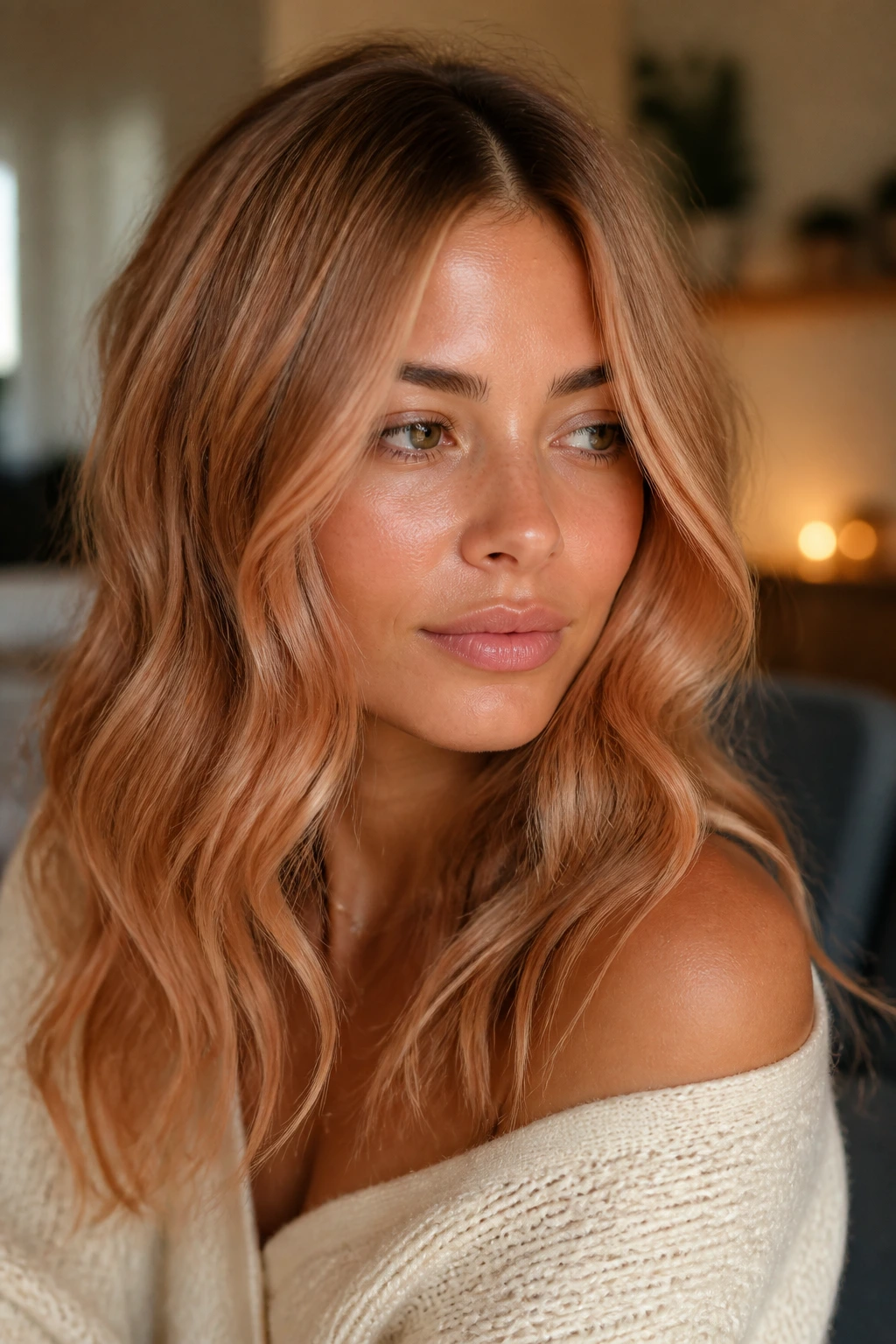 Close-up portrait of a woman with soft strawberry blonde melt hairstyle