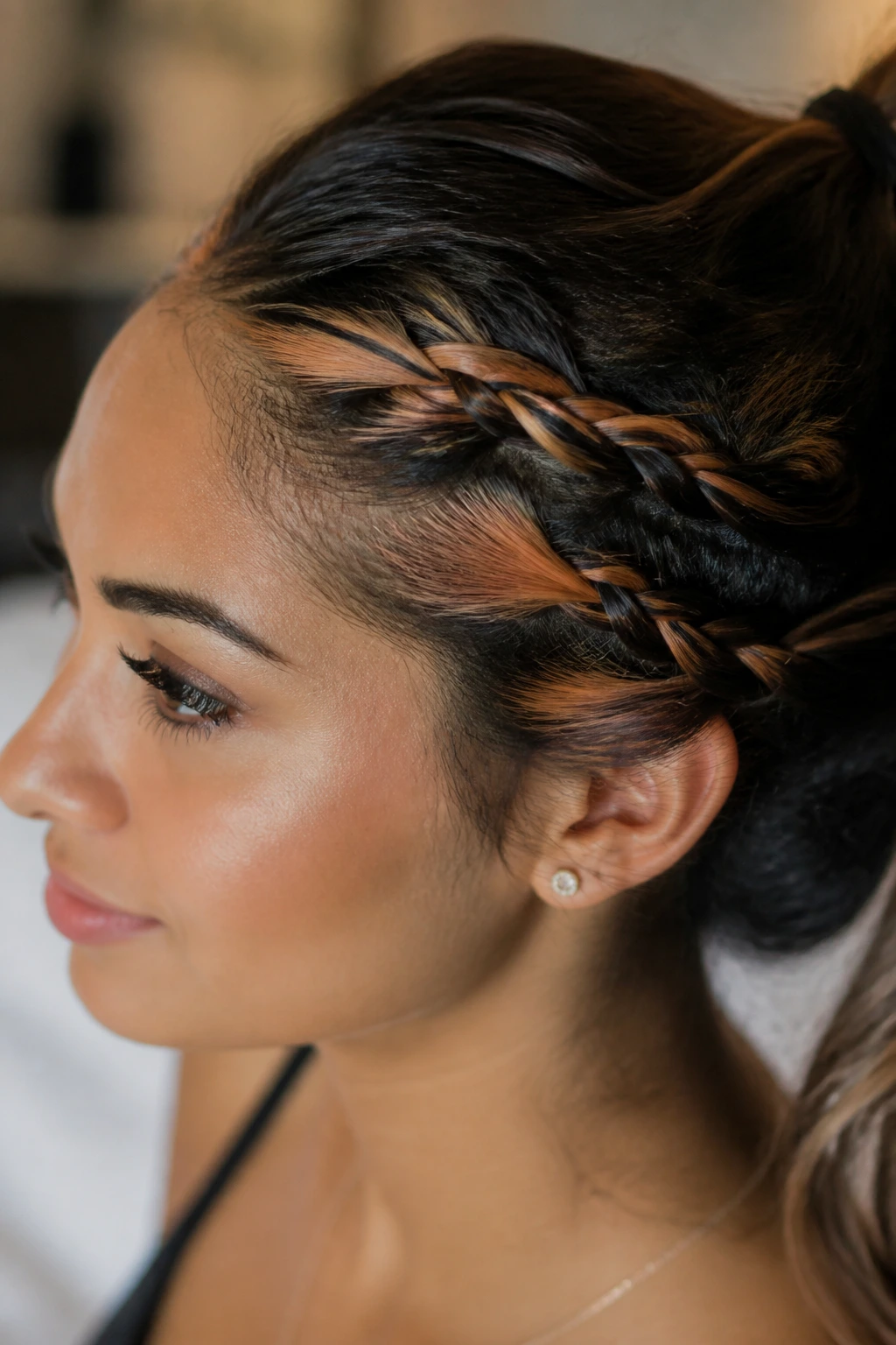 Close-up of a real woman's temple braided with strawberry-blonde accents, warm light.