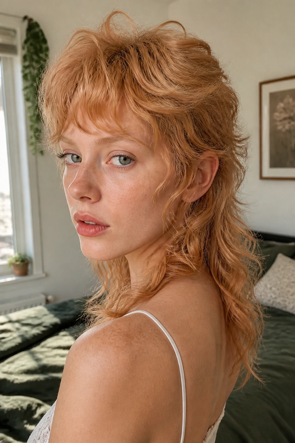 Close-up of a real woman with Soft Strawberry Mullet showing crown and longer back.