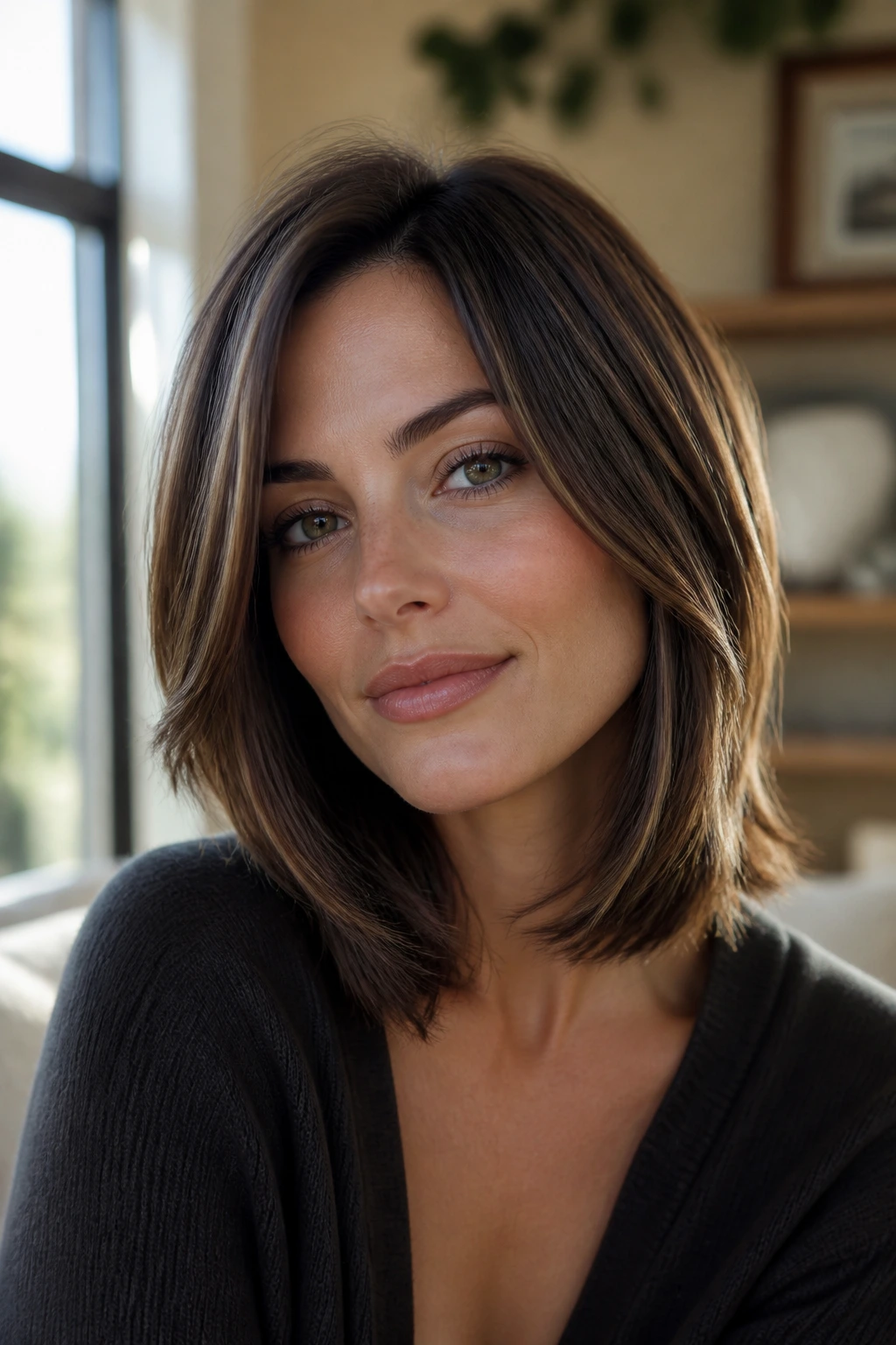 Close-up of a real woman with a soft-styled long bob bending away from the jaw in warm window light