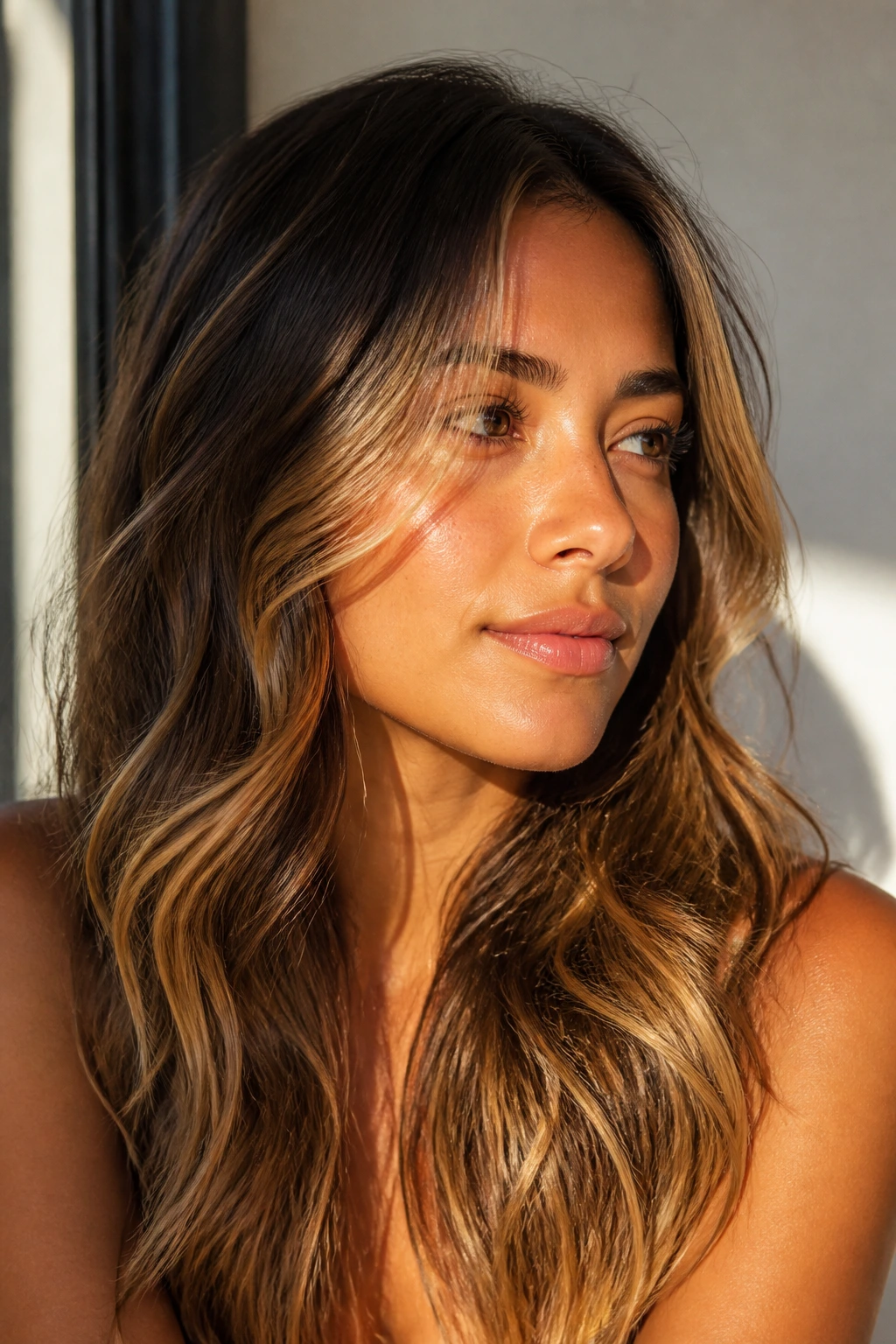 Portrait of a real person with soft sunlit balayage on medium skin