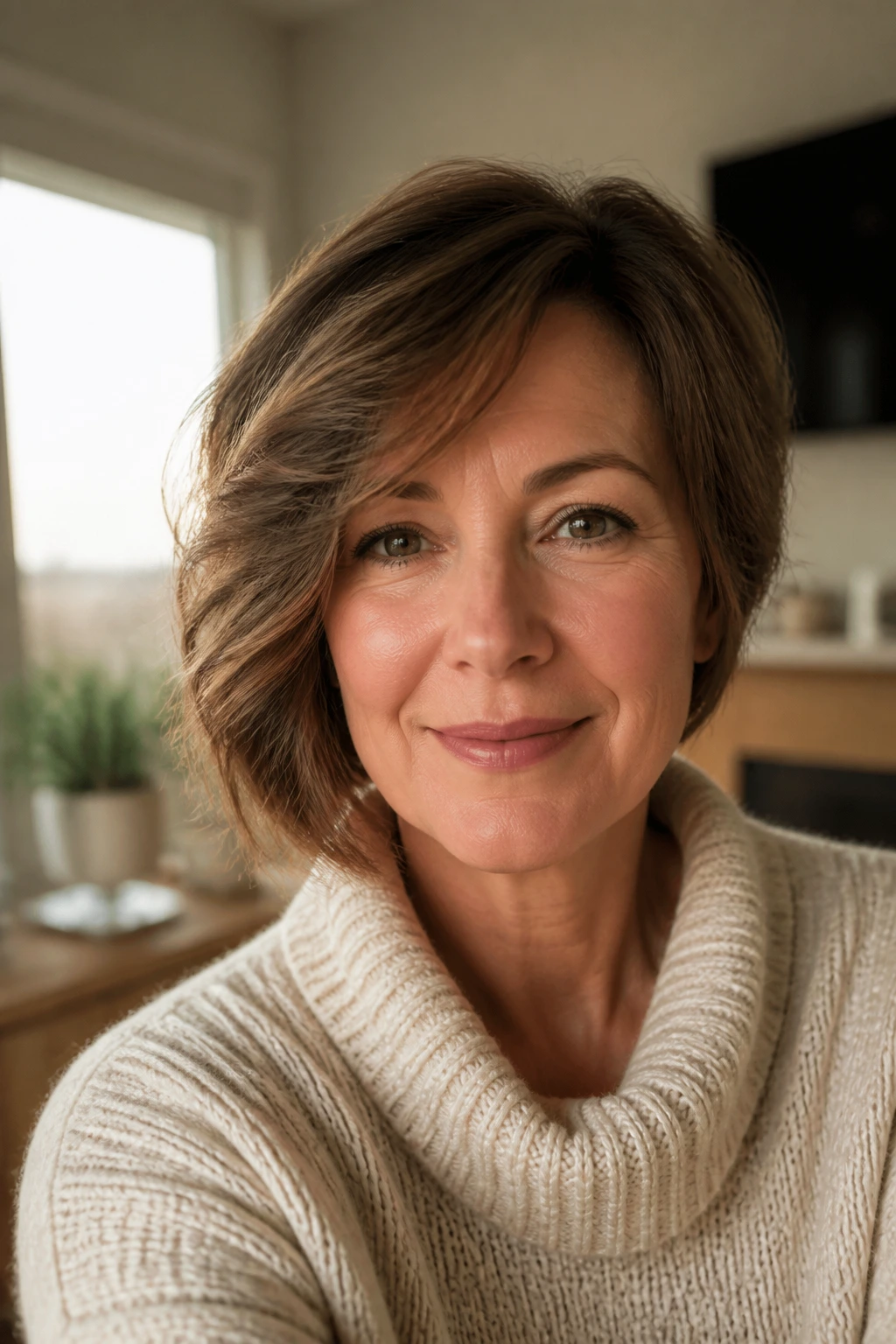 Portrait of a real woman with a soft sweep asymmetrical bob in a cozy home setting