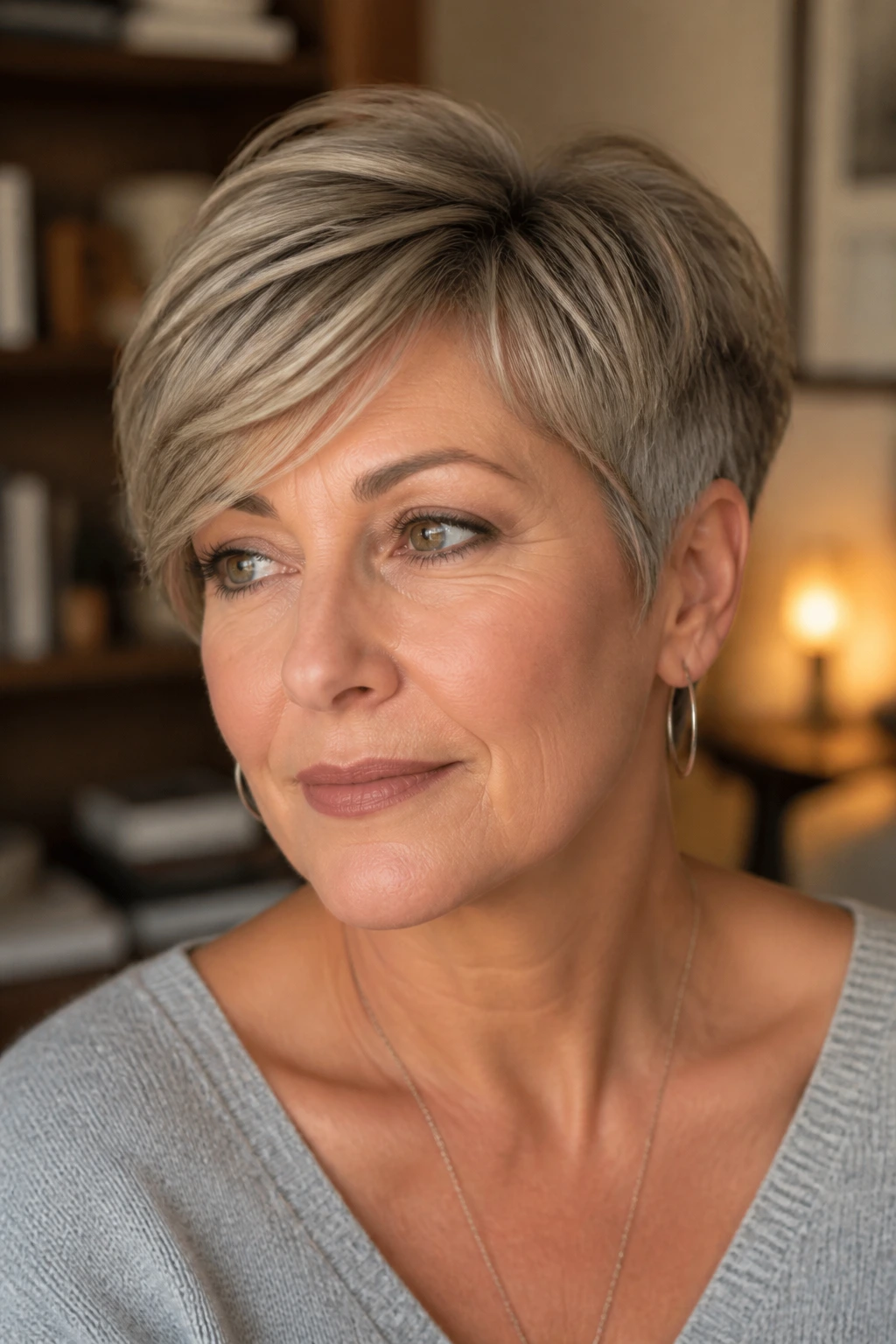 Close-up of a real woman with a soft sweep pixie and tapered ends hairstyle
