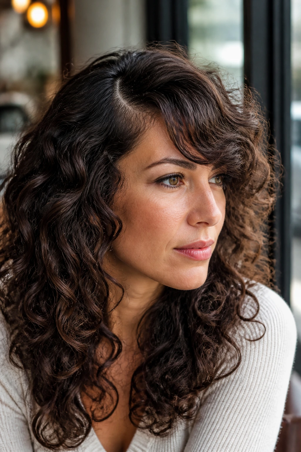 Close-up portrait of a real woman with soft swoop bangs and deep side part at a cafe window