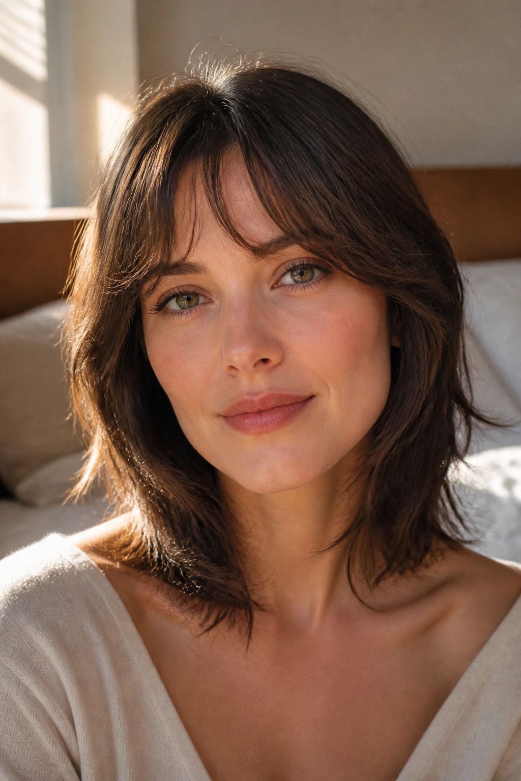 Real woman with feathered soft swoop fringe softening jawline.
