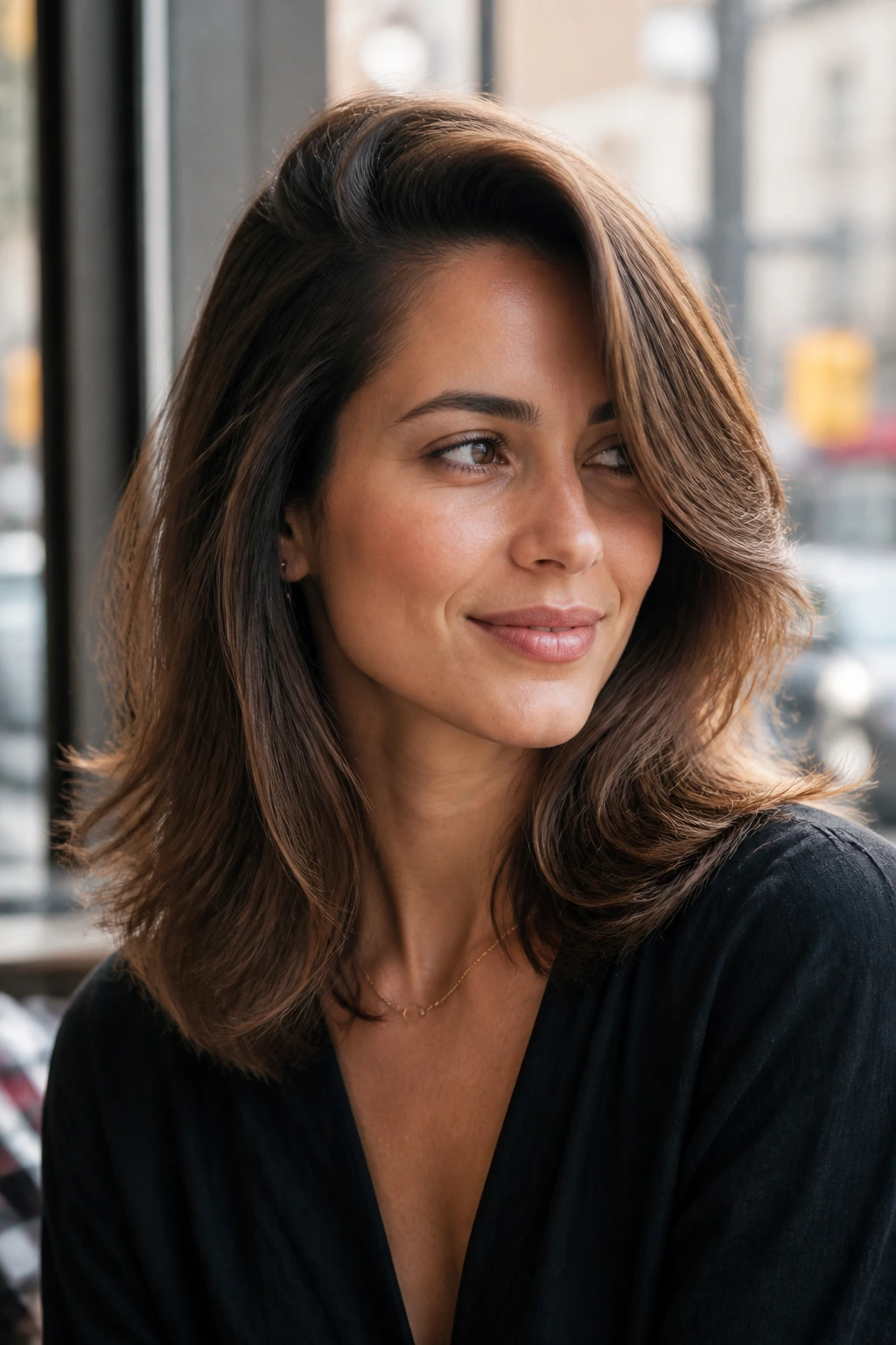 Portrait of a woman with soft swoop layers and a deep side part in warm light.