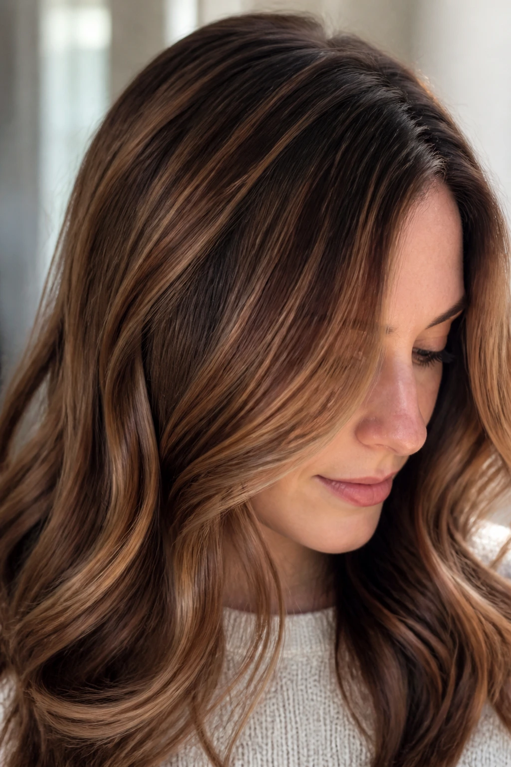 Close-up of hair with soft syrup highlights in a natural light setting