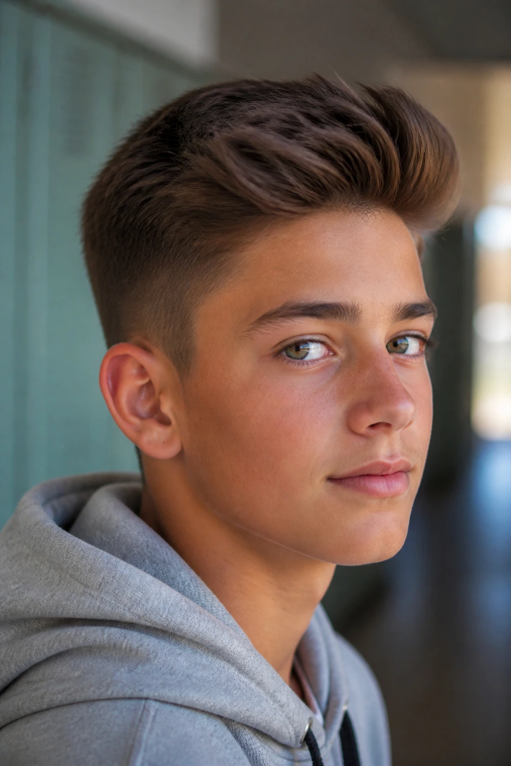 Portrait of a boy with a soft taper quiff in a bright hallway