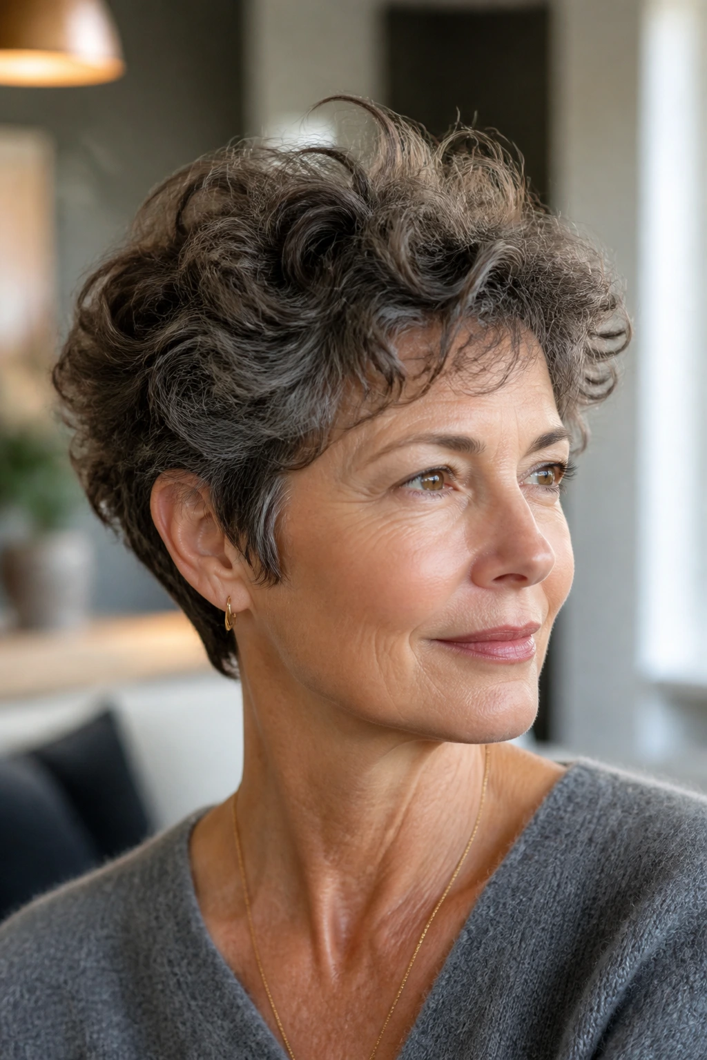 Close-up portrait of woman with soft tapered bixie curl hairstyle in warm window light