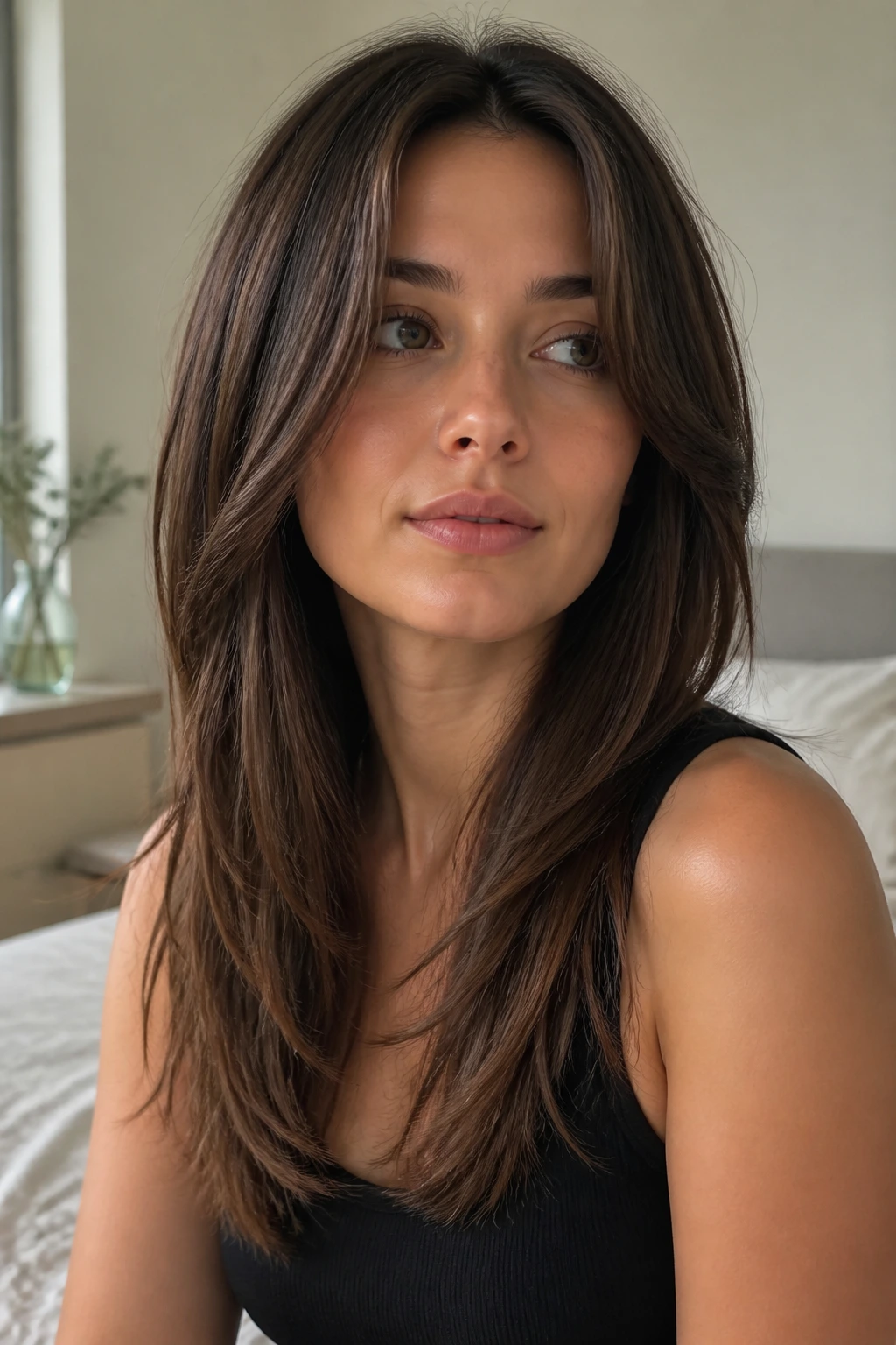 Close-up of a real woman showing soft tapered ends on long hair.