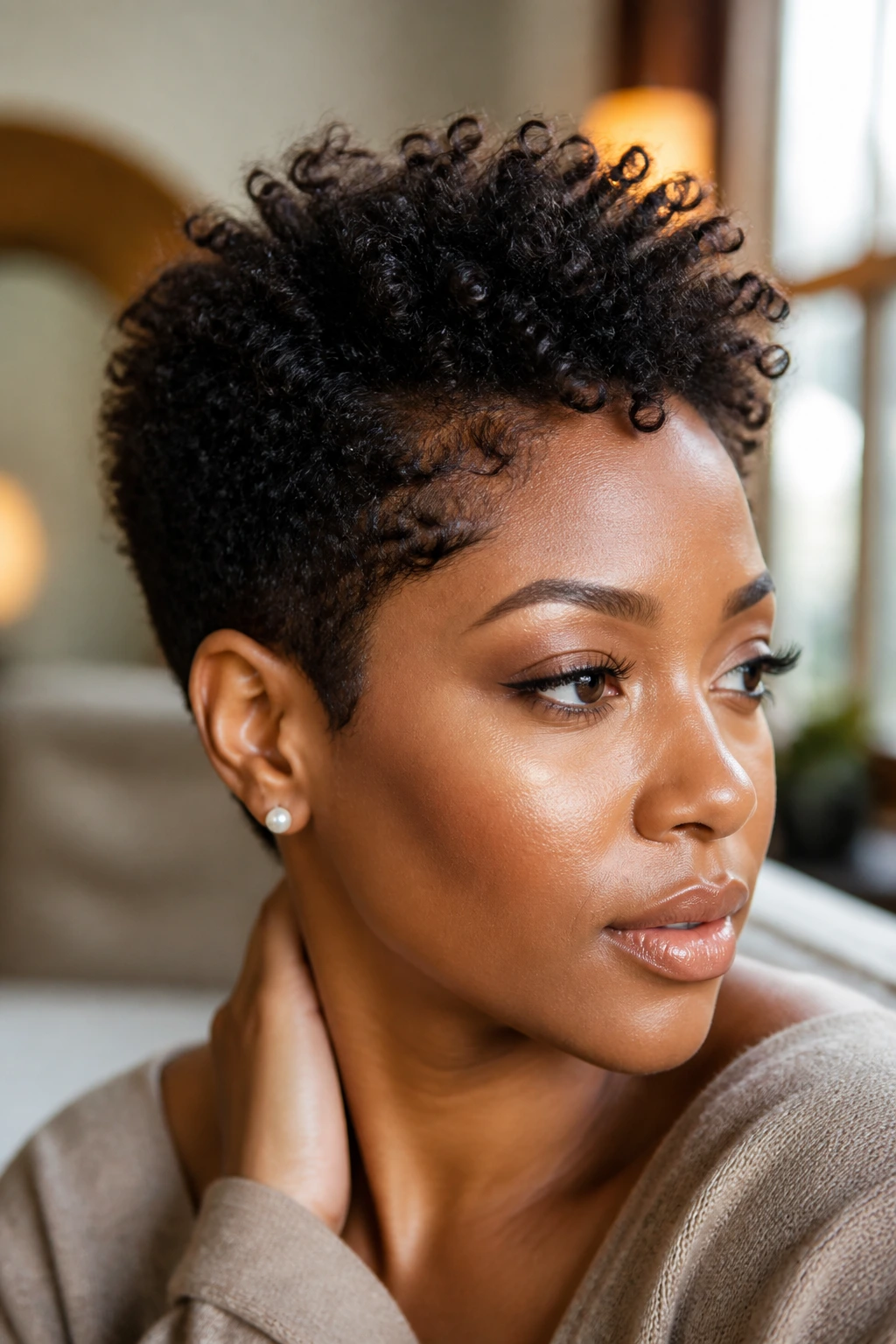 Close-up portrait of a real woman with a soft tapered pixie and lifted crown