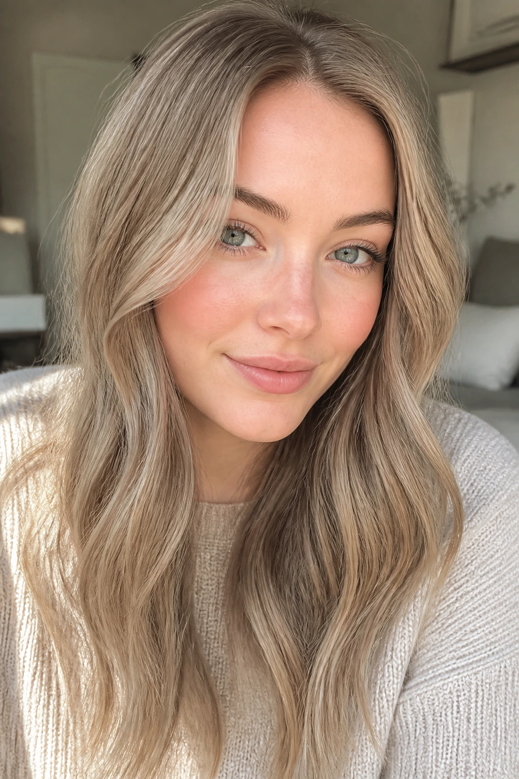 Close-up portrait of a woman with soft taupe blonde hair