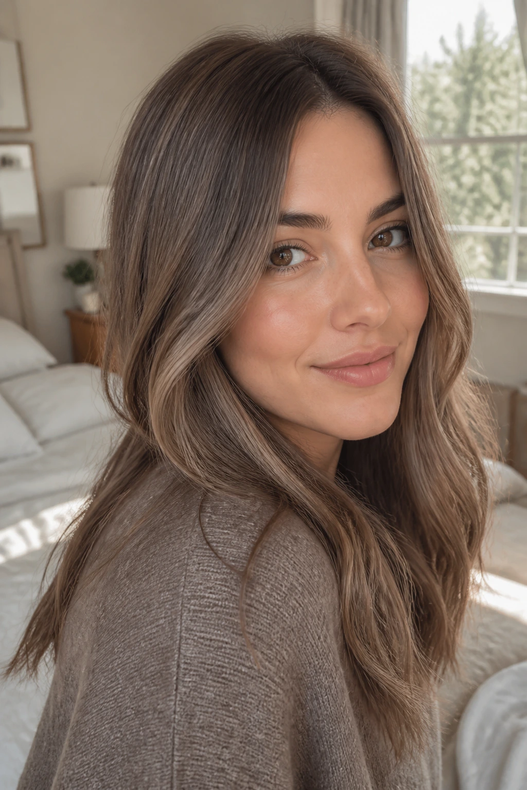 Close-up of soft taupe brown hair on a real person