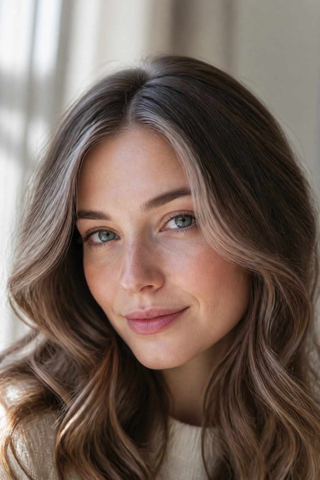 Close-up of a real woman with soft taupe feathering along the hairline, blending into the front.