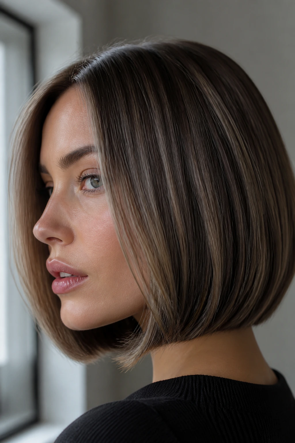 Close-up of a real woman with a sleek bob showing soft taupe shadow lowlights