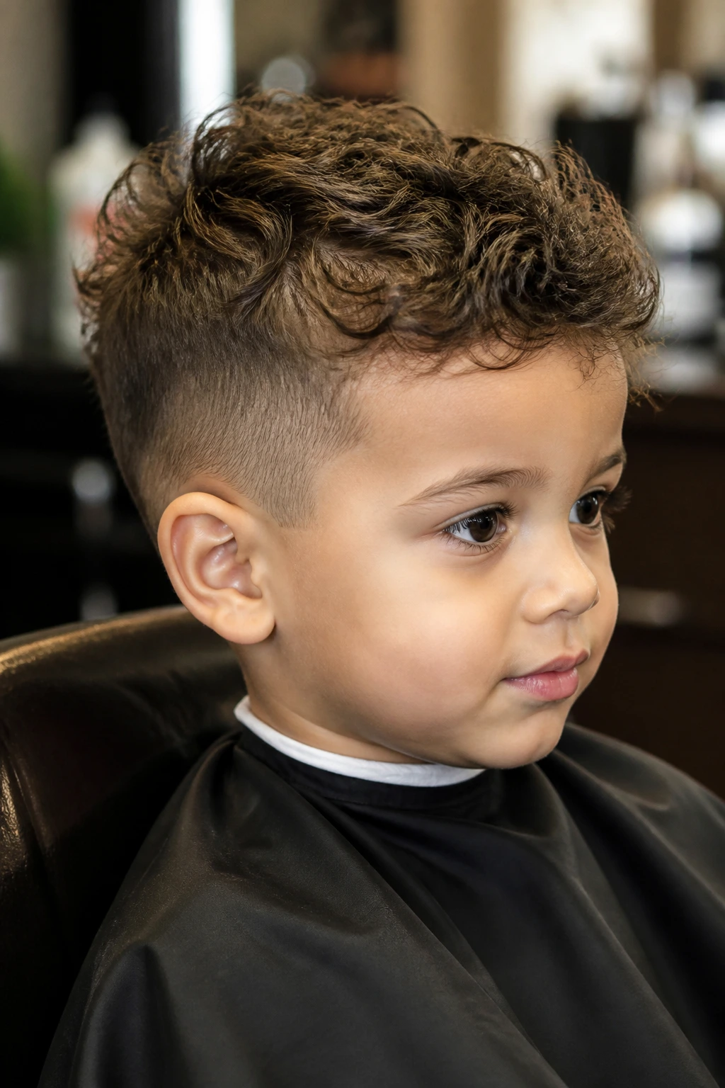 Toddler boy with soft temple undercut pixie, ears exposed, top curls, warm lighting.
