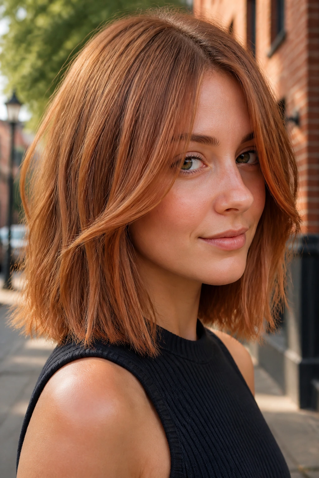Real person with blunt terracotta lob hair color in earthy, calm tone