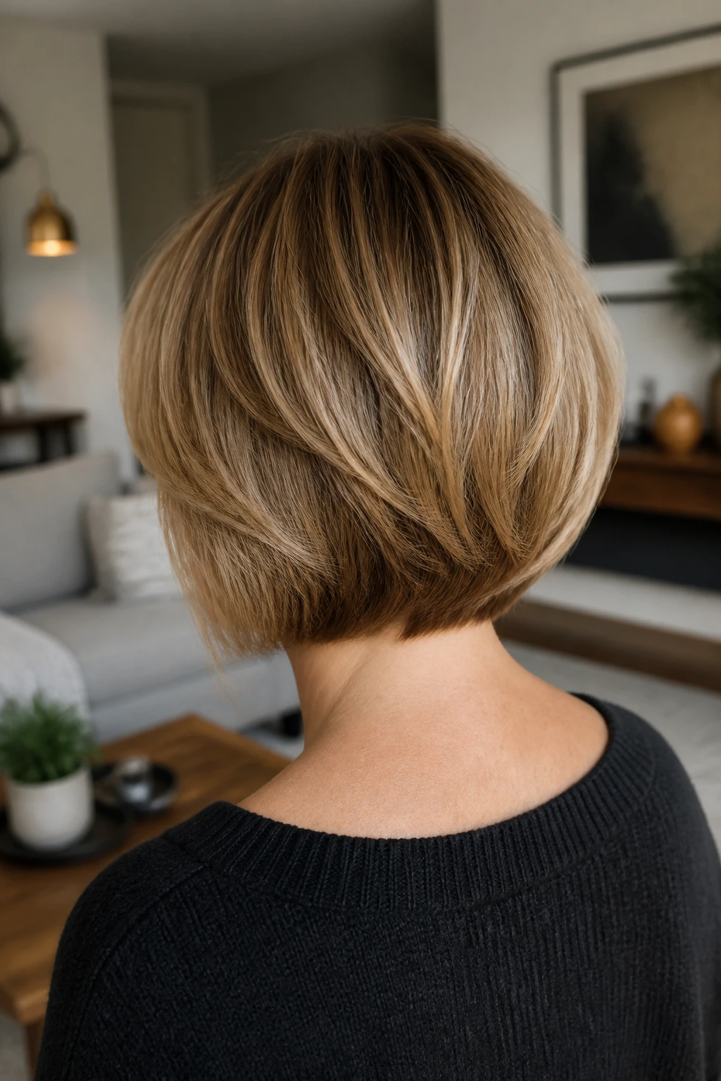 Back view portrait of a woman with a softly textured bob illustrating variations