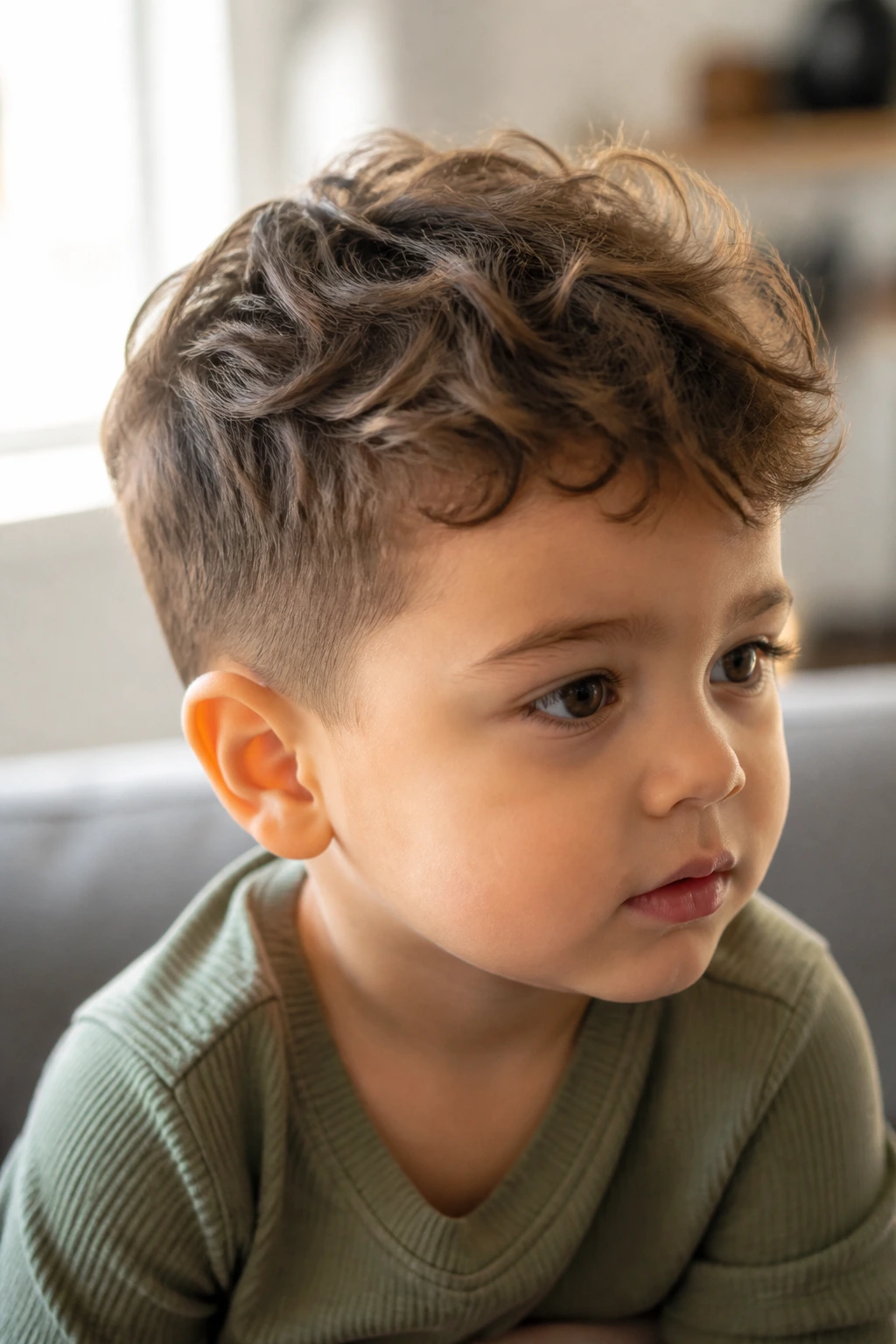 Toddler boy with soft textured crop hairstyle under natural light