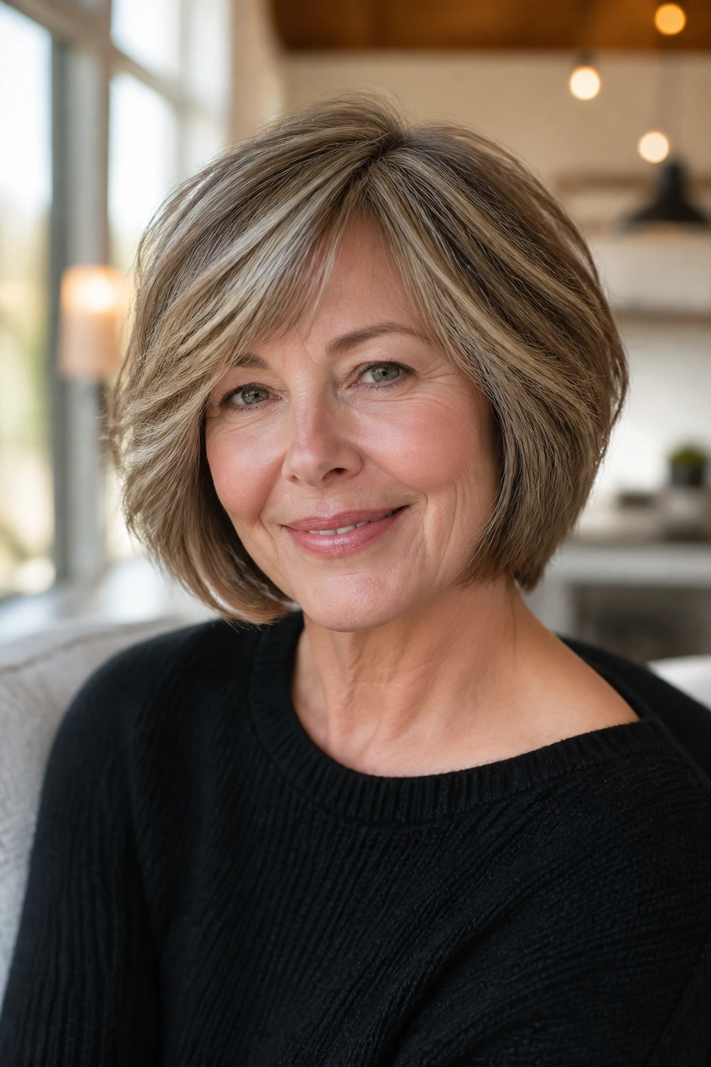 Portrait of a real woman with a soft textured layered bob in bright natural light