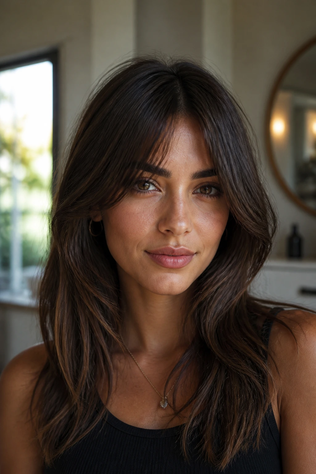 Real woman with softly textured layers and long split fringe in center parting