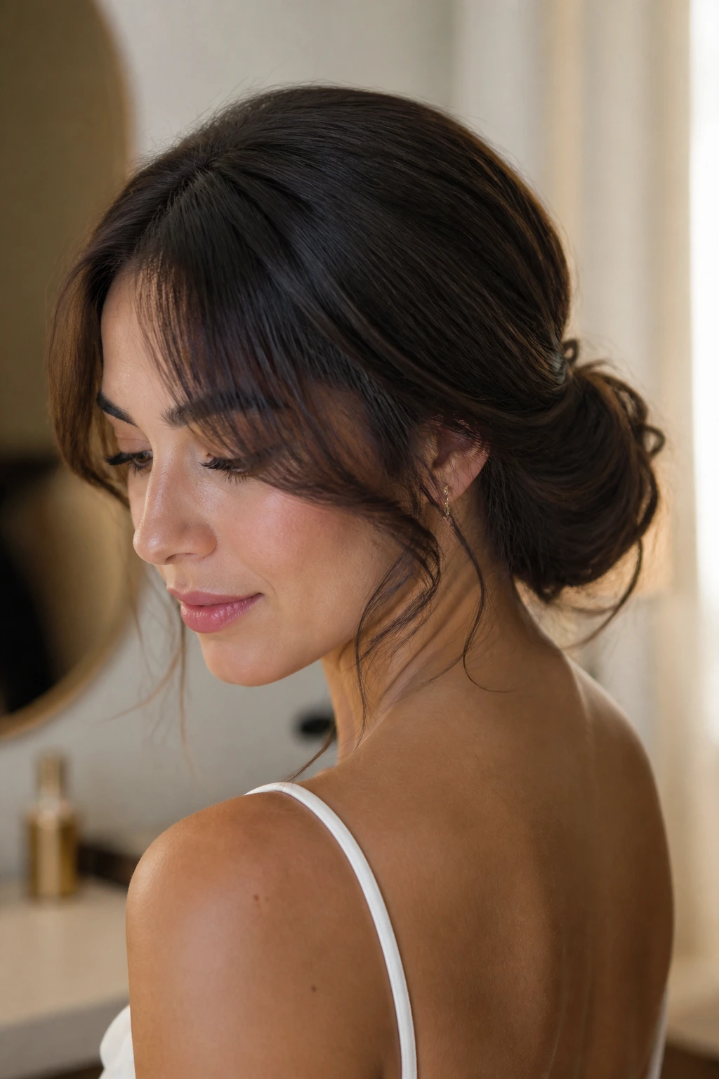 Close-up of a real woman with a soft textured low bun and curtain bangs.