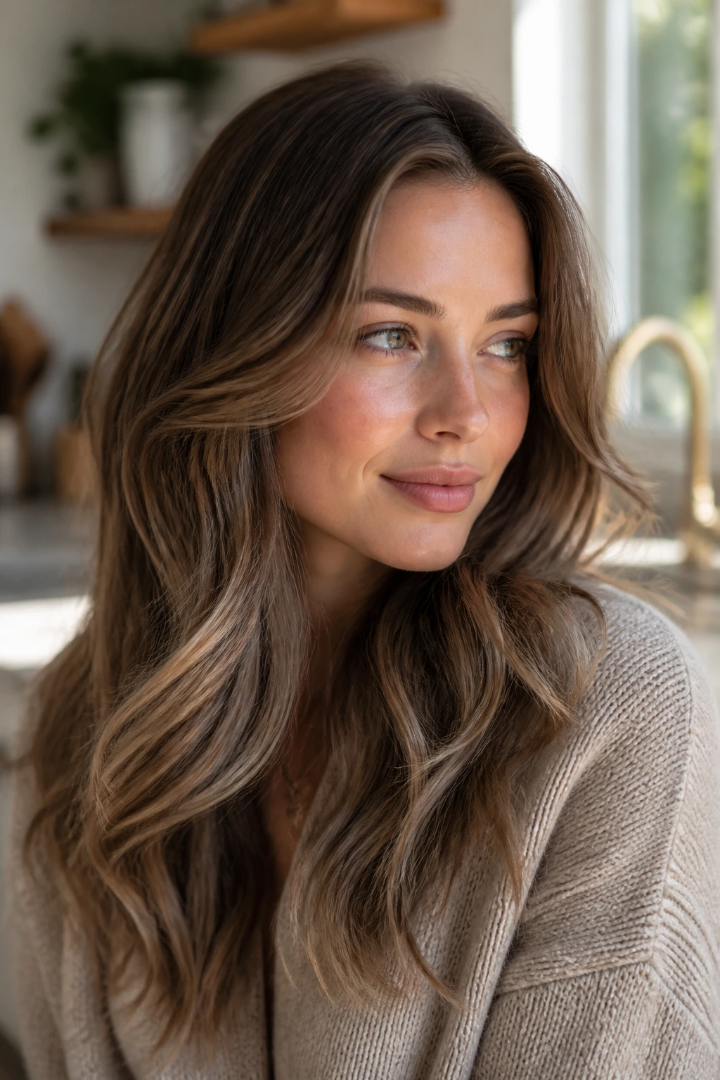 Close-up portrait of a woman with soft toffee brown hair and ash glaze in natural light