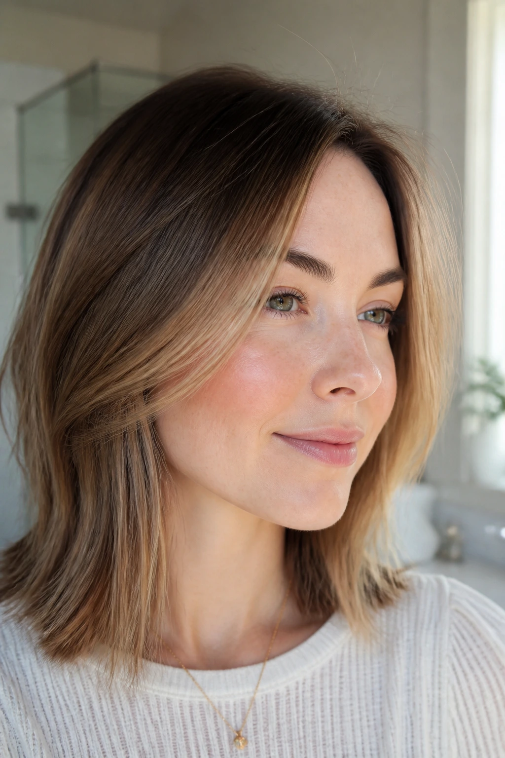 Close-up of fine hair with soft toffee framing around the face