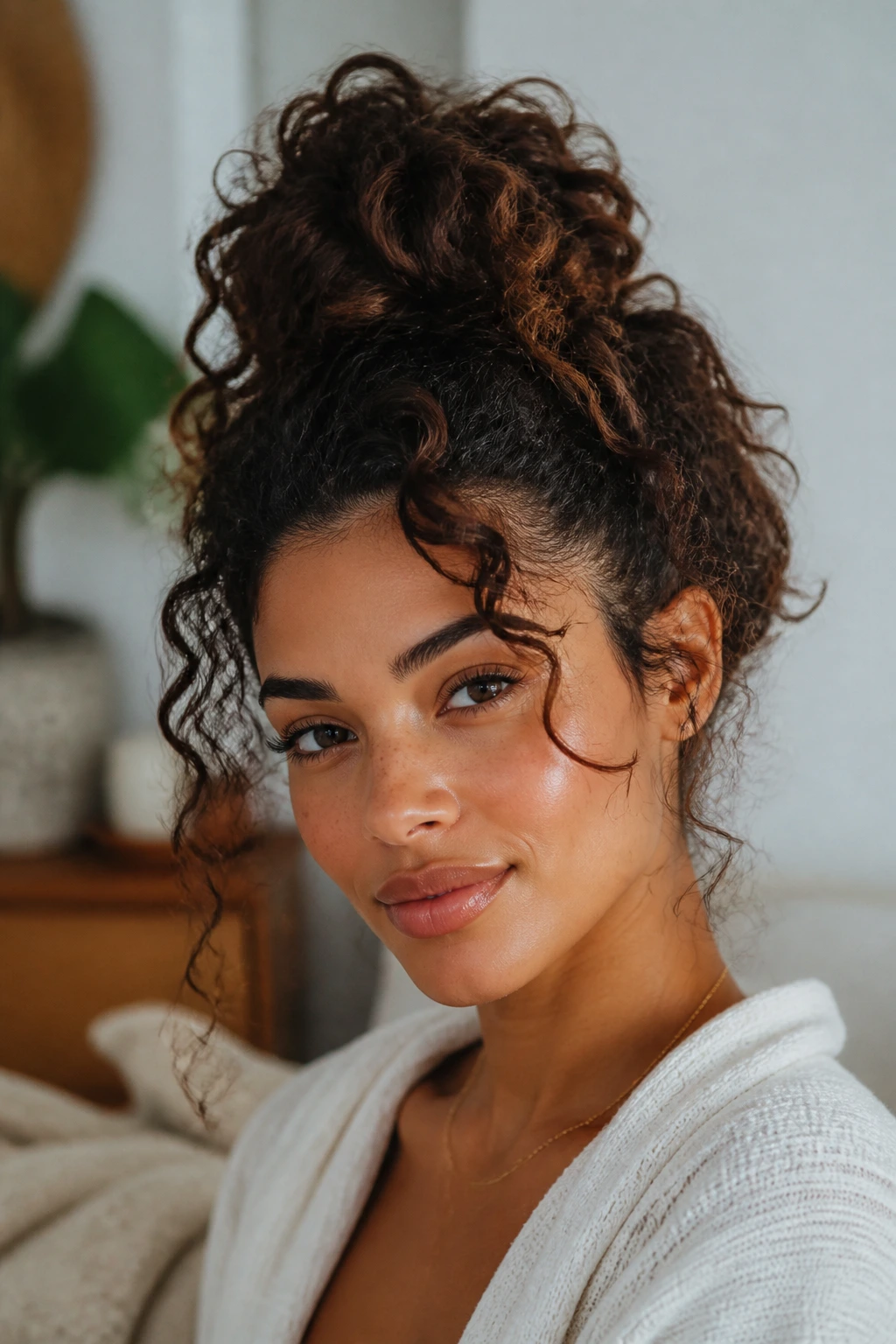 Real woman with a soft, loose top knot among thick curls.