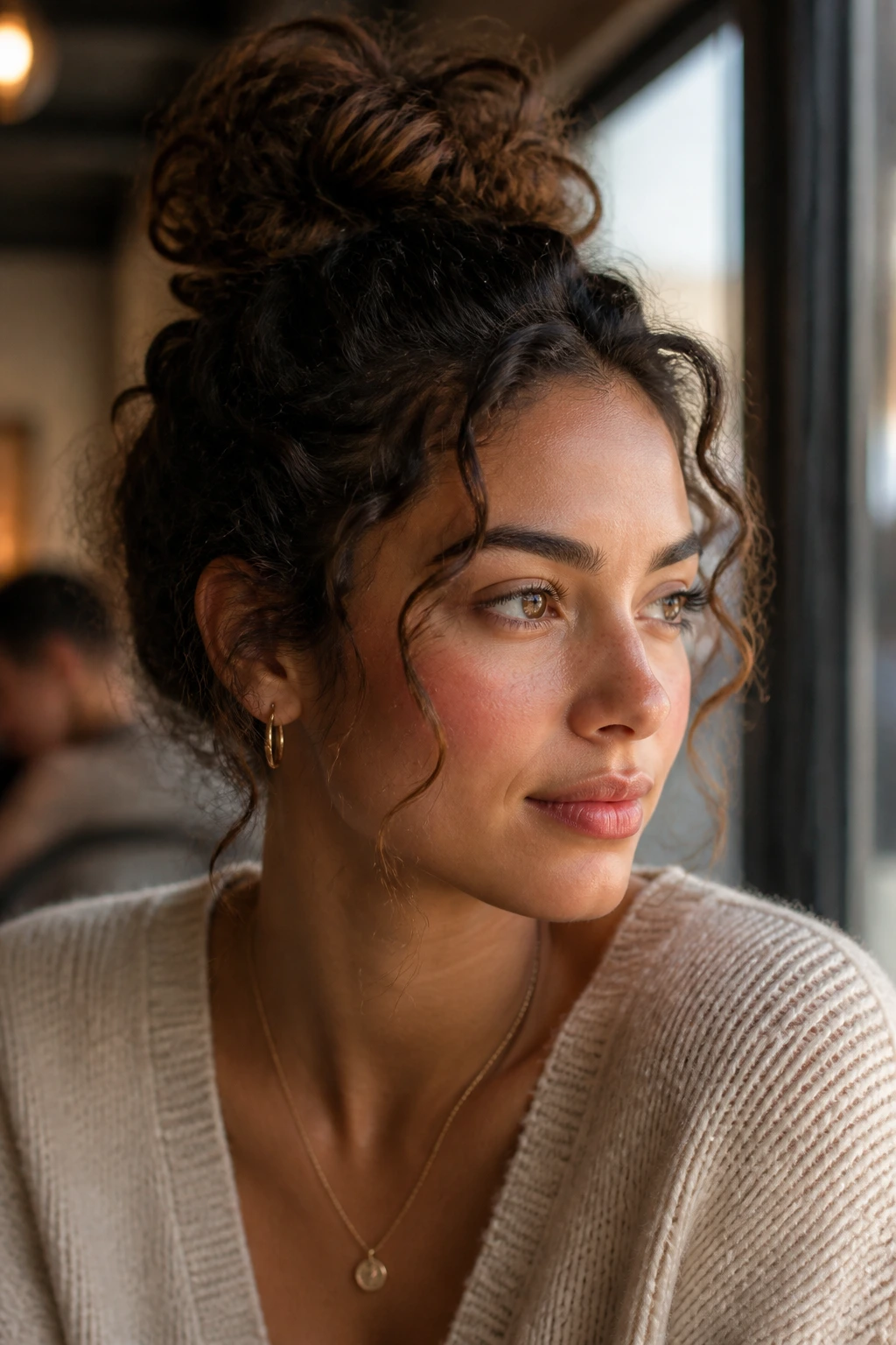 Close-up of a real woman with a soft topknot and face-framing tendrils in natural light