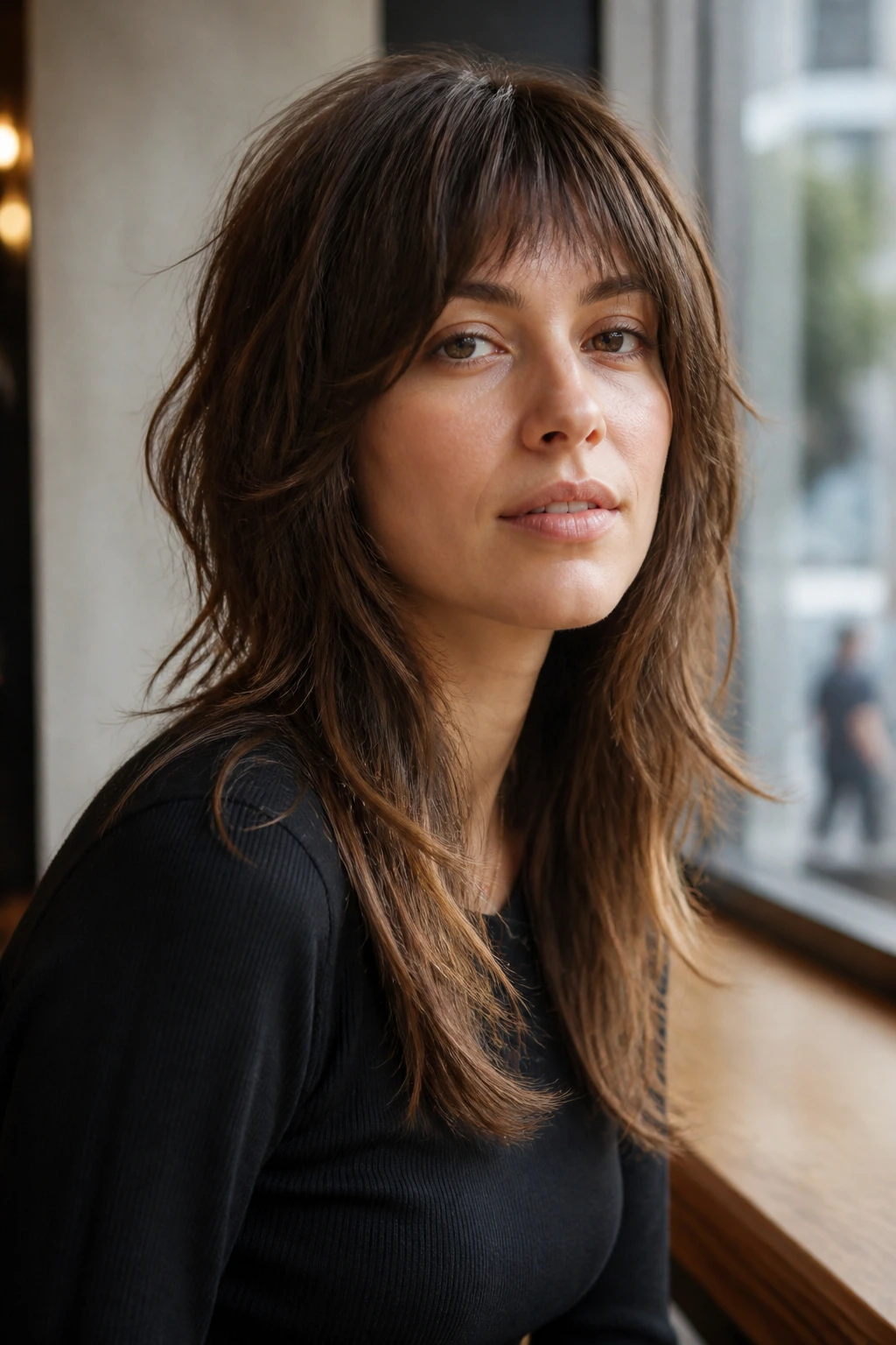 Portrait of a real woman with narrow fringe and tousled shag.