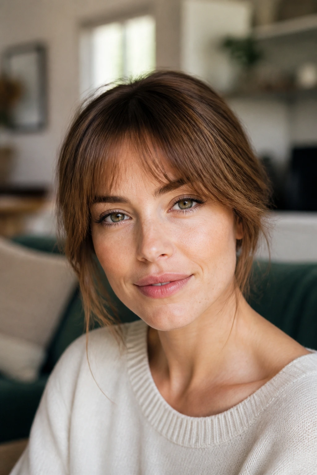 Close-up of a real woman with a soft triangle fringe in a cozy living room