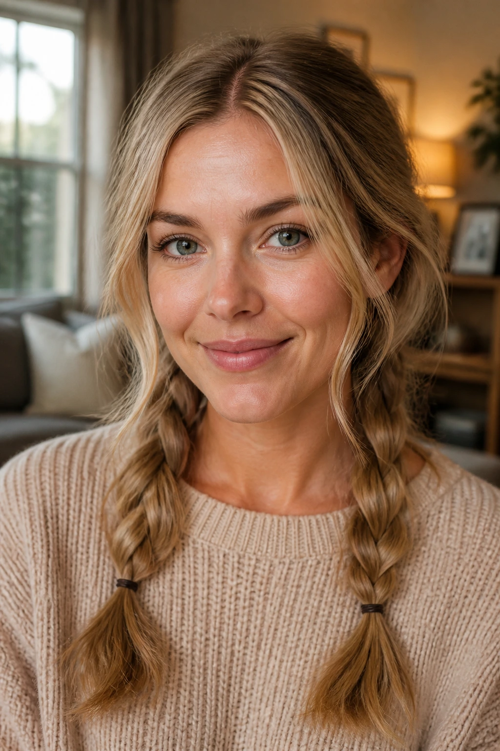 Portrait of a woman with soft twin braids starting below the ears