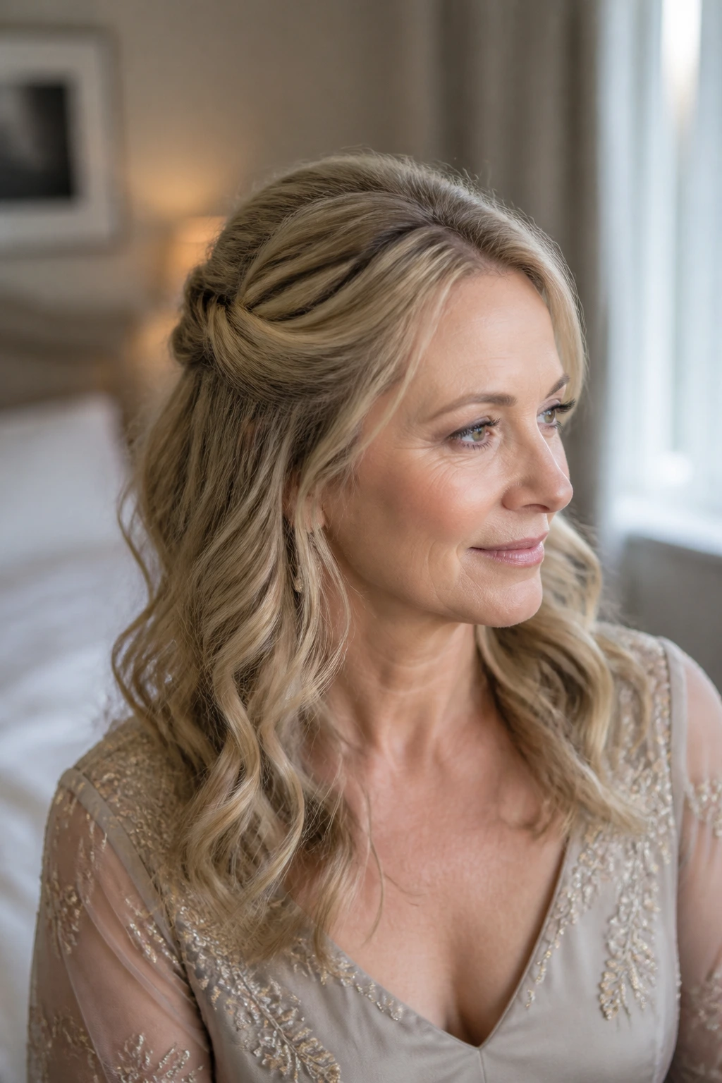 Close-up of a real woman with twist at crown and loose waves