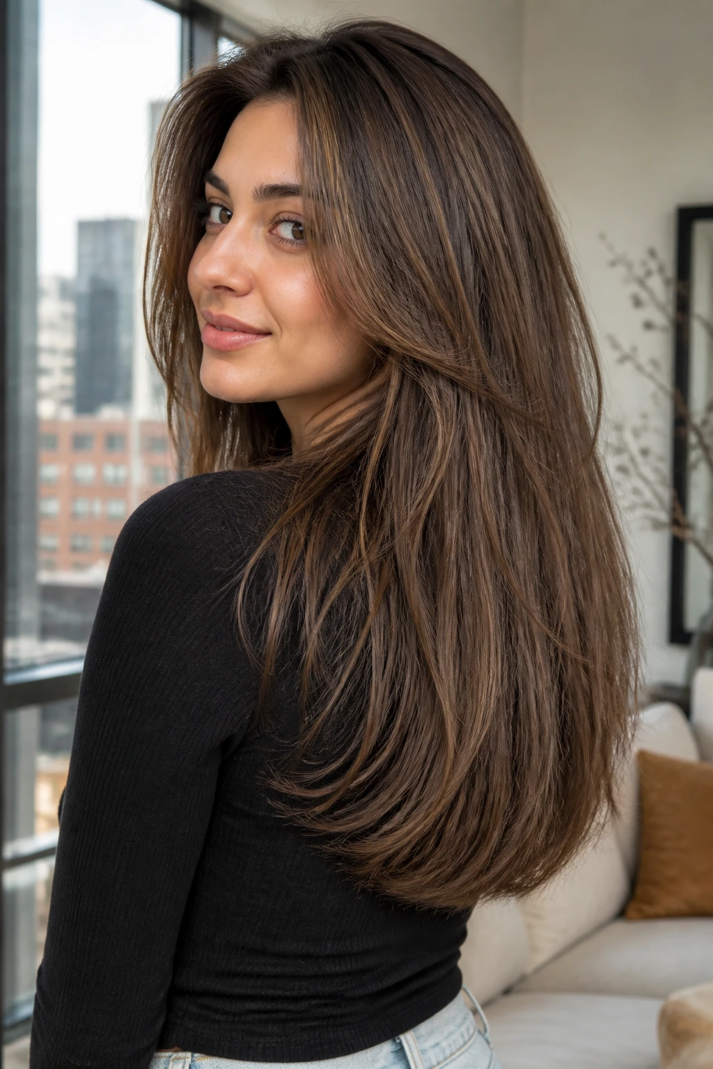 Real person with soft U-cut showing a full bottom edge in natural light.