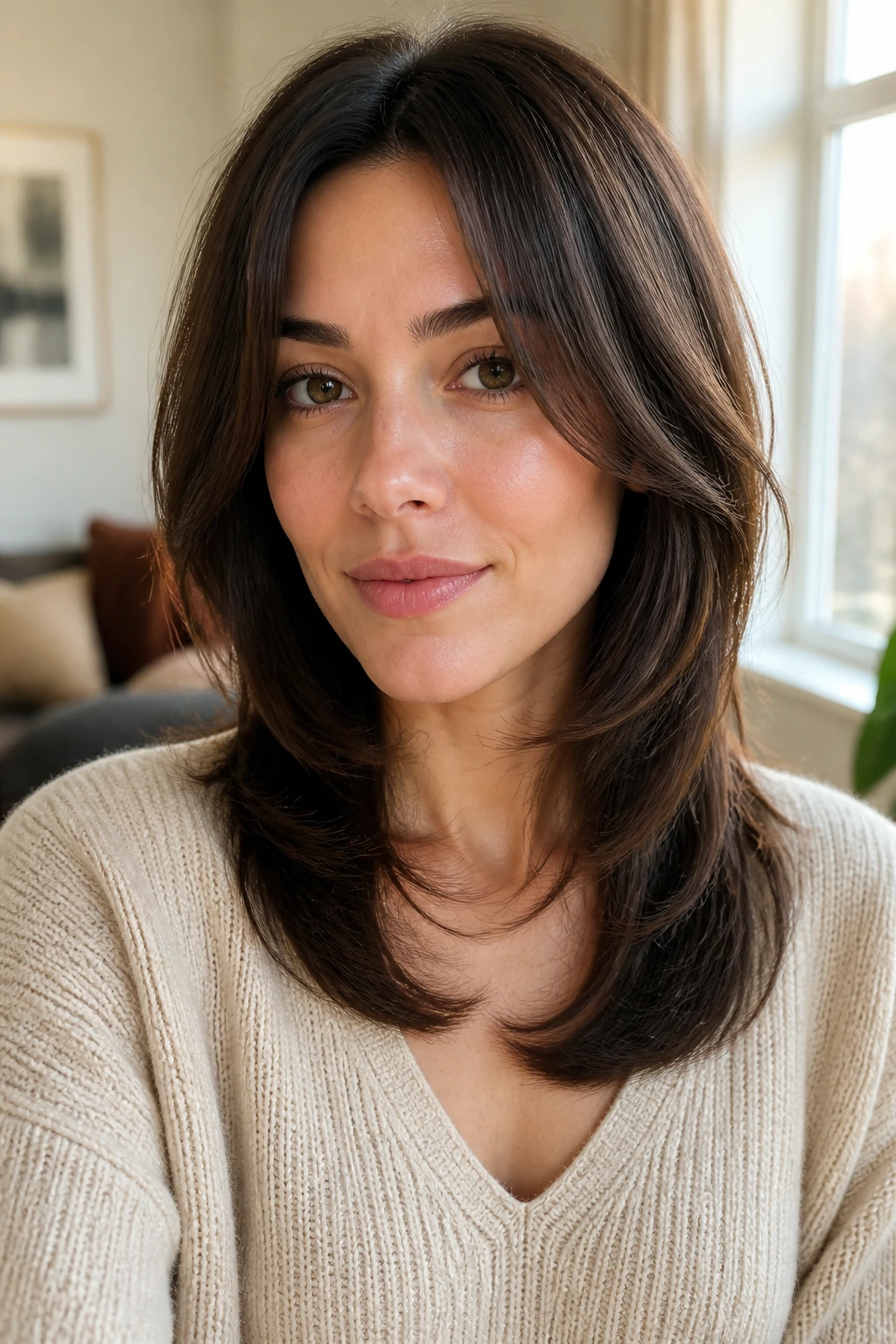 Close-up of a woman with a soft U-cut and long layers in natural light