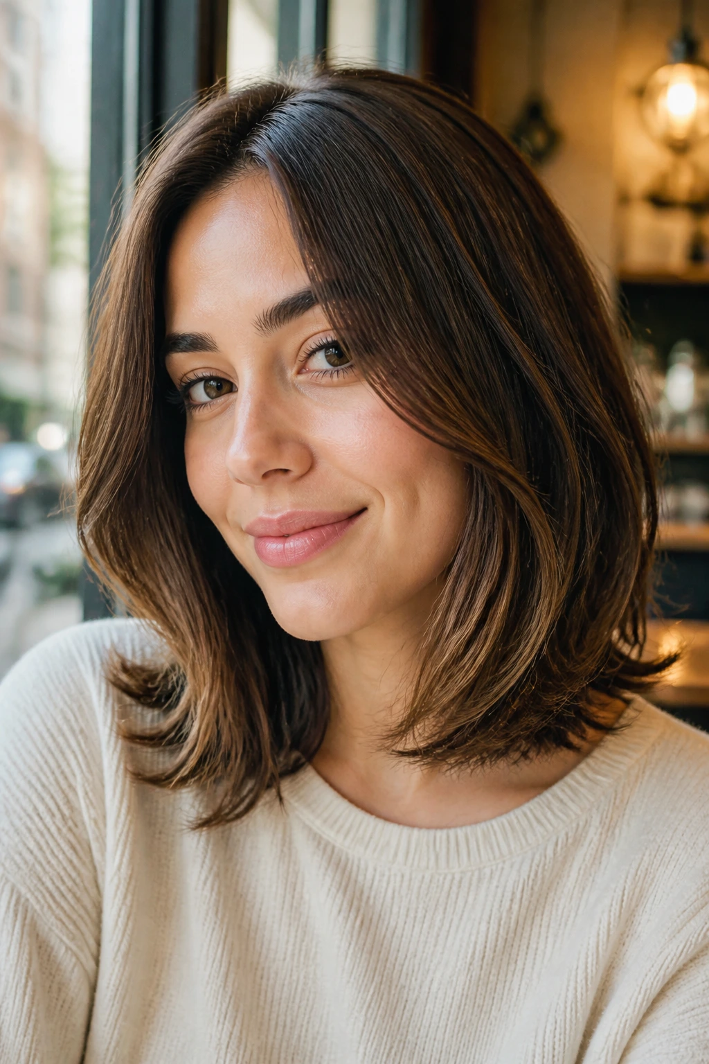 Close-up of a real woman with soft U-shaped lob and moving ends in natural light